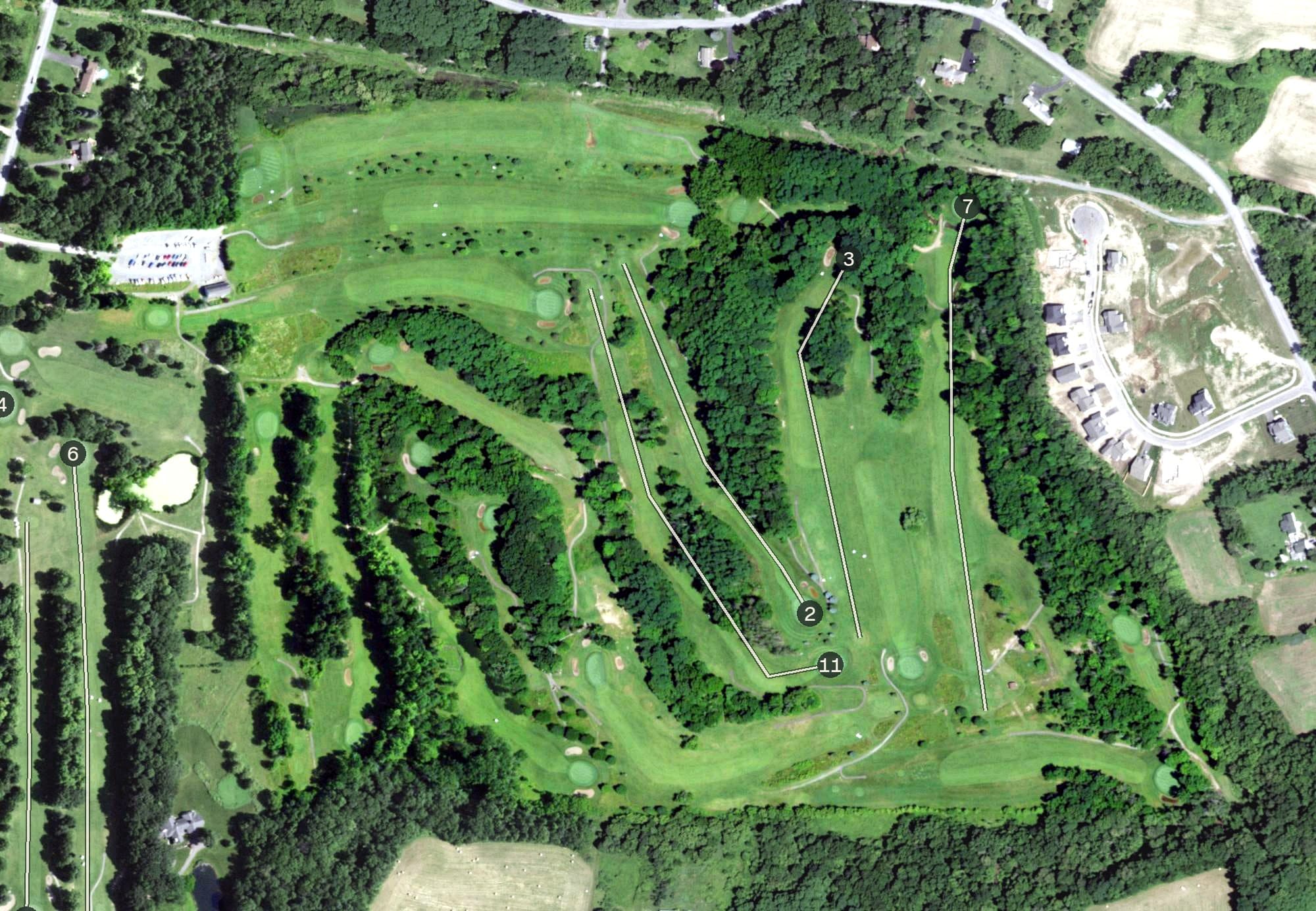 Aerial view of Victor Hills - East Course, NY, with its hole routing marked