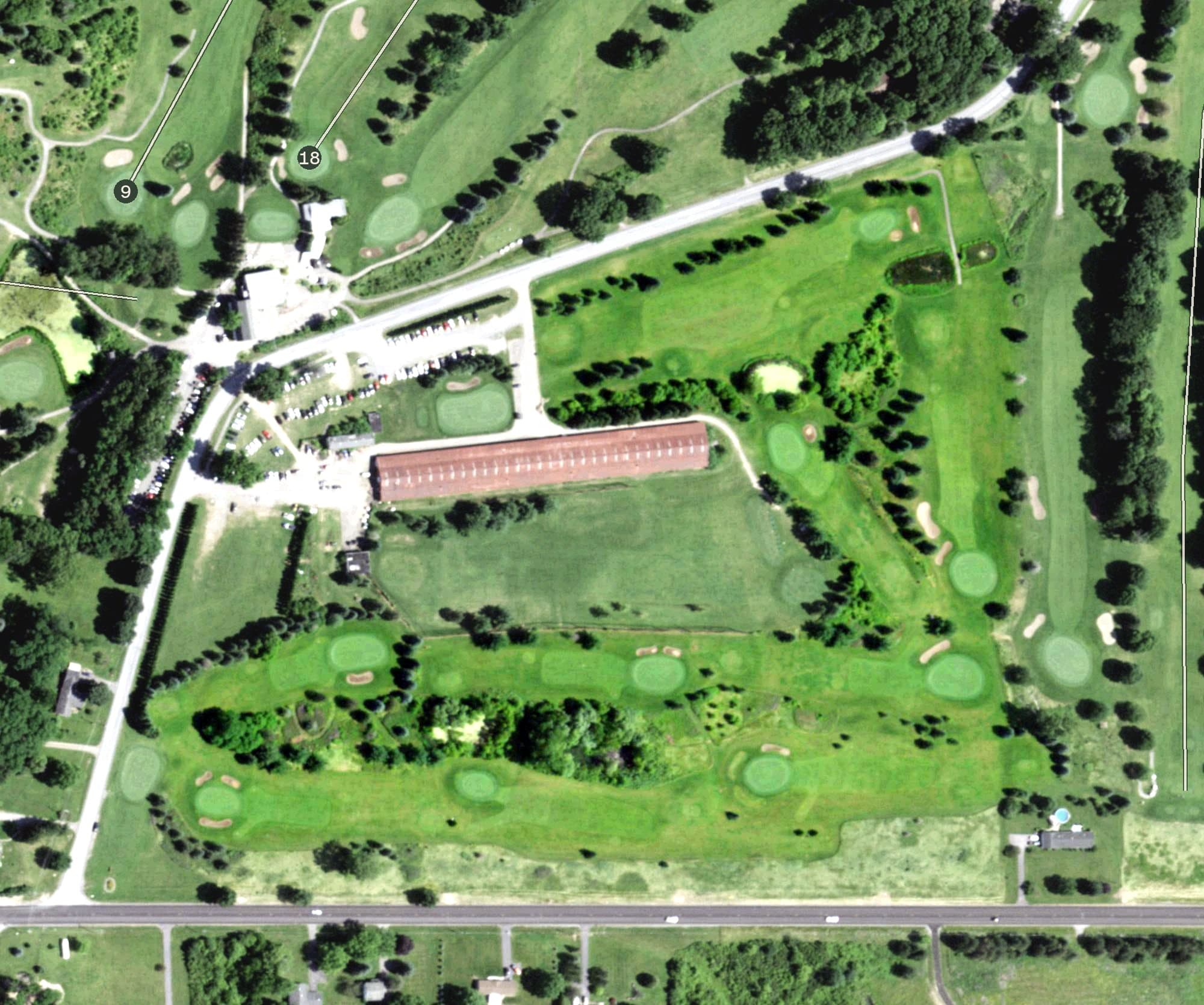 Aerial view of Victor Hills - Executive Course, NY, with its hole routing marked