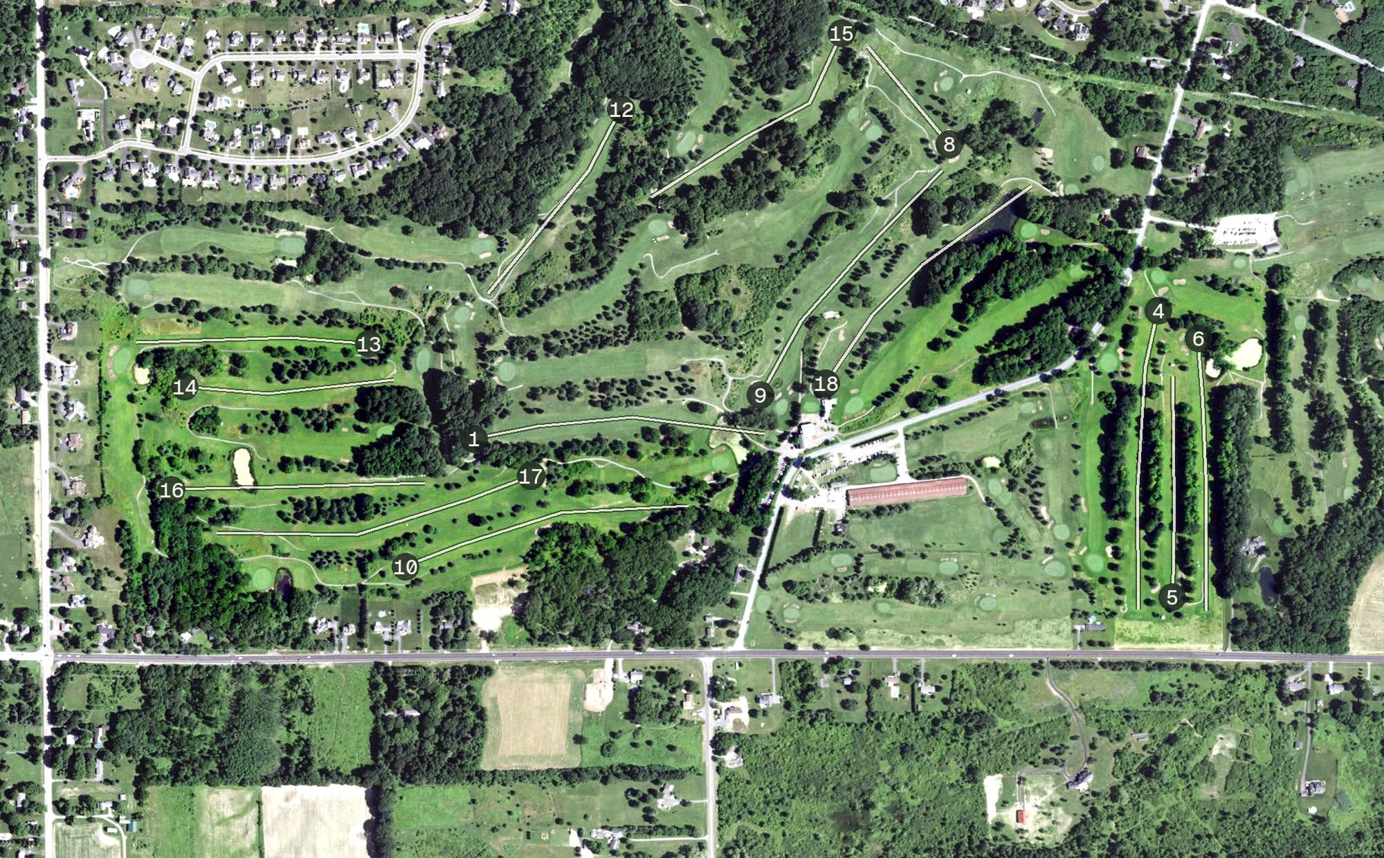 Aerial view of Victor Hills - South Course, NY, with its hole routing marked