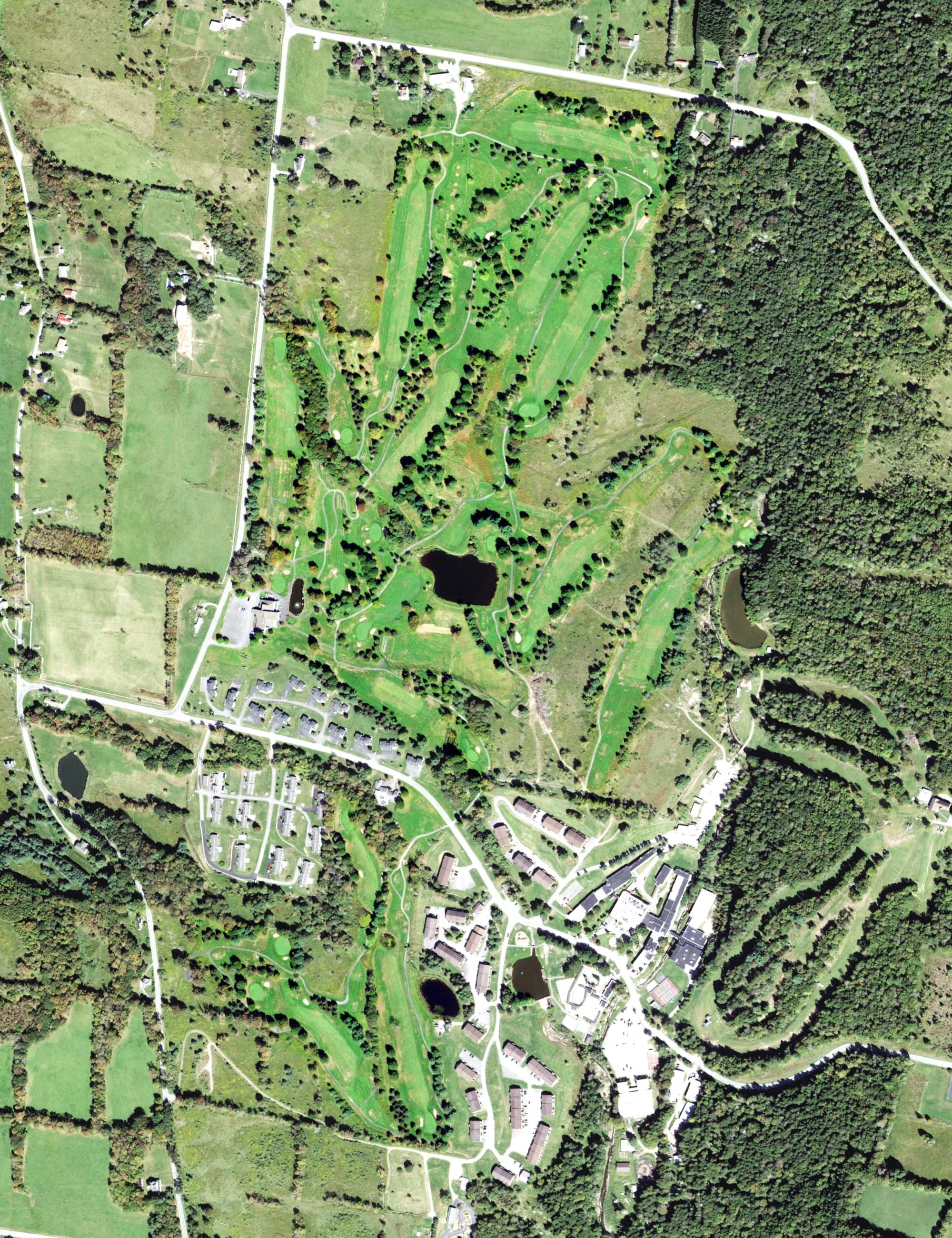 Aerial view of Villa Roma Golf Course, NY, with its hole routing marked