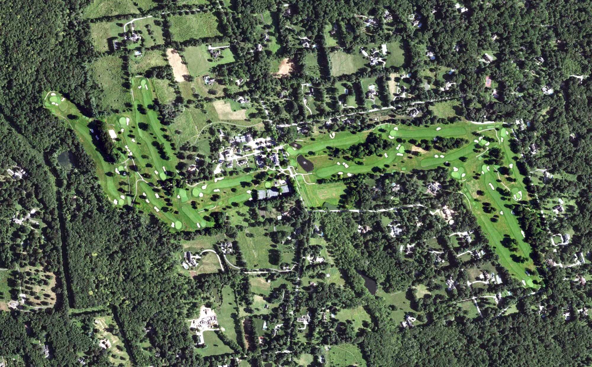 Aerial view of Waccabuc Country Club, NY, with its hole routing marked