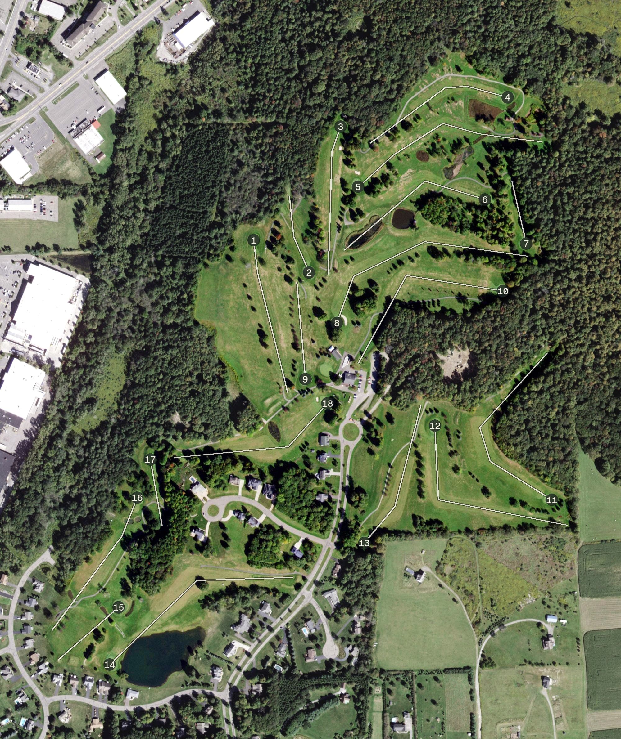 Aerial view of Walden Oaks Country Club, NY, with its hole routing marked