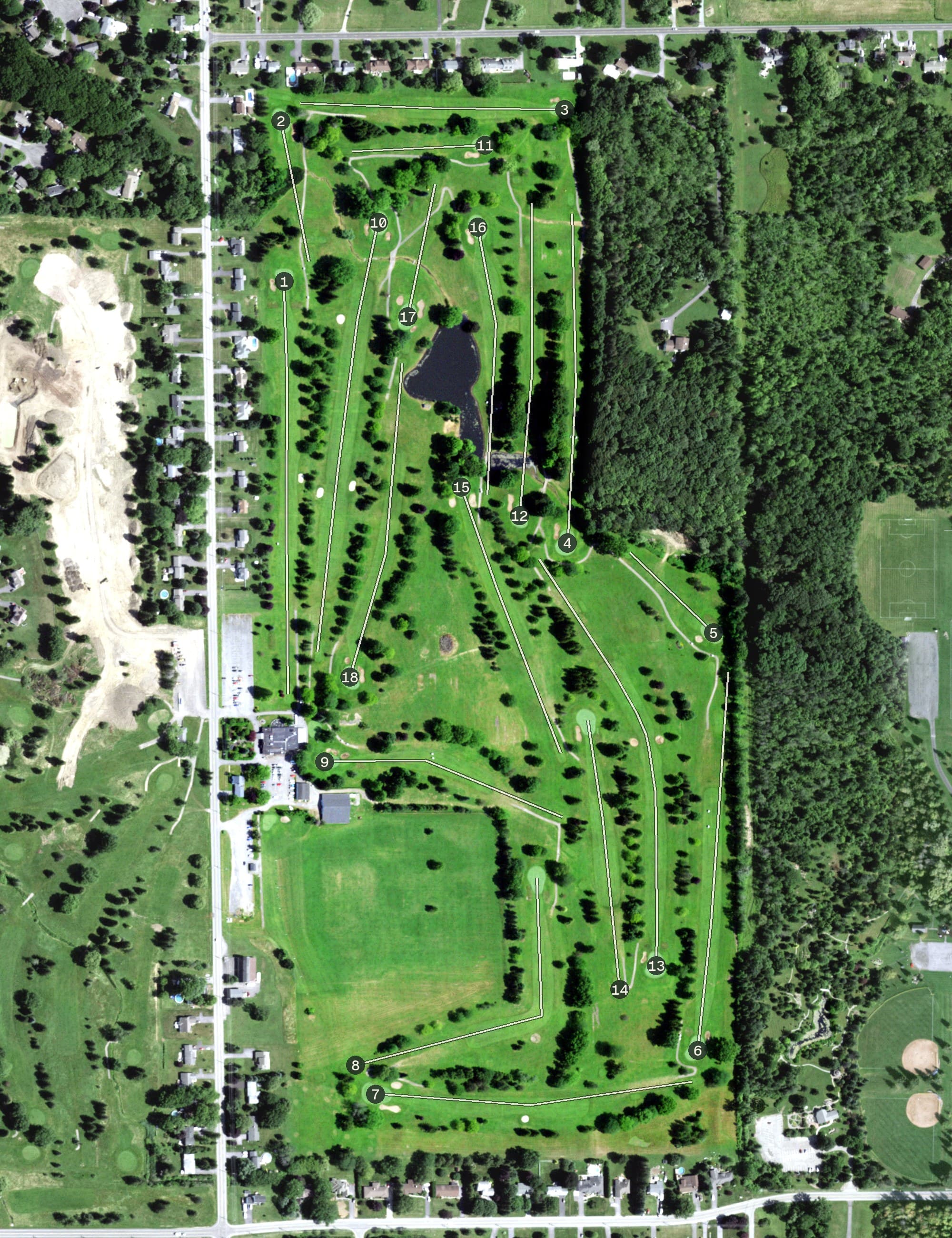 Aerial view of Webster Golf Course, NY, with its hole routing marked