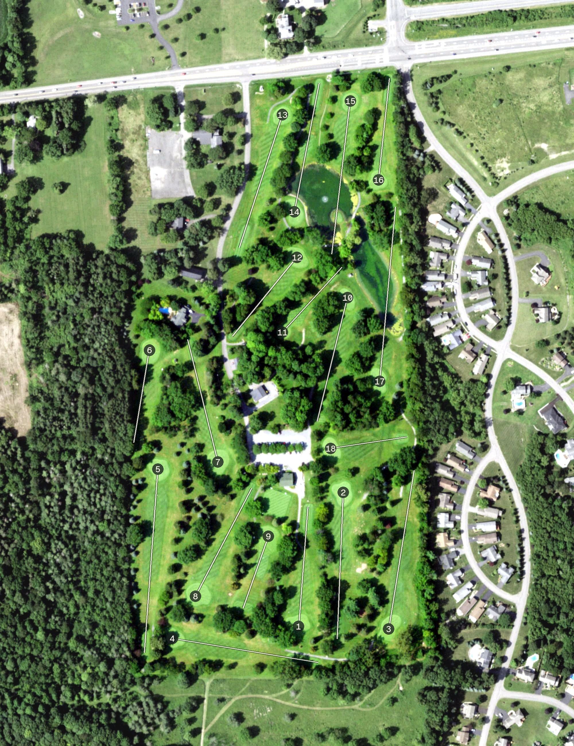 Aerial view of West Hill Golf Club, NY, with its hole routing marked