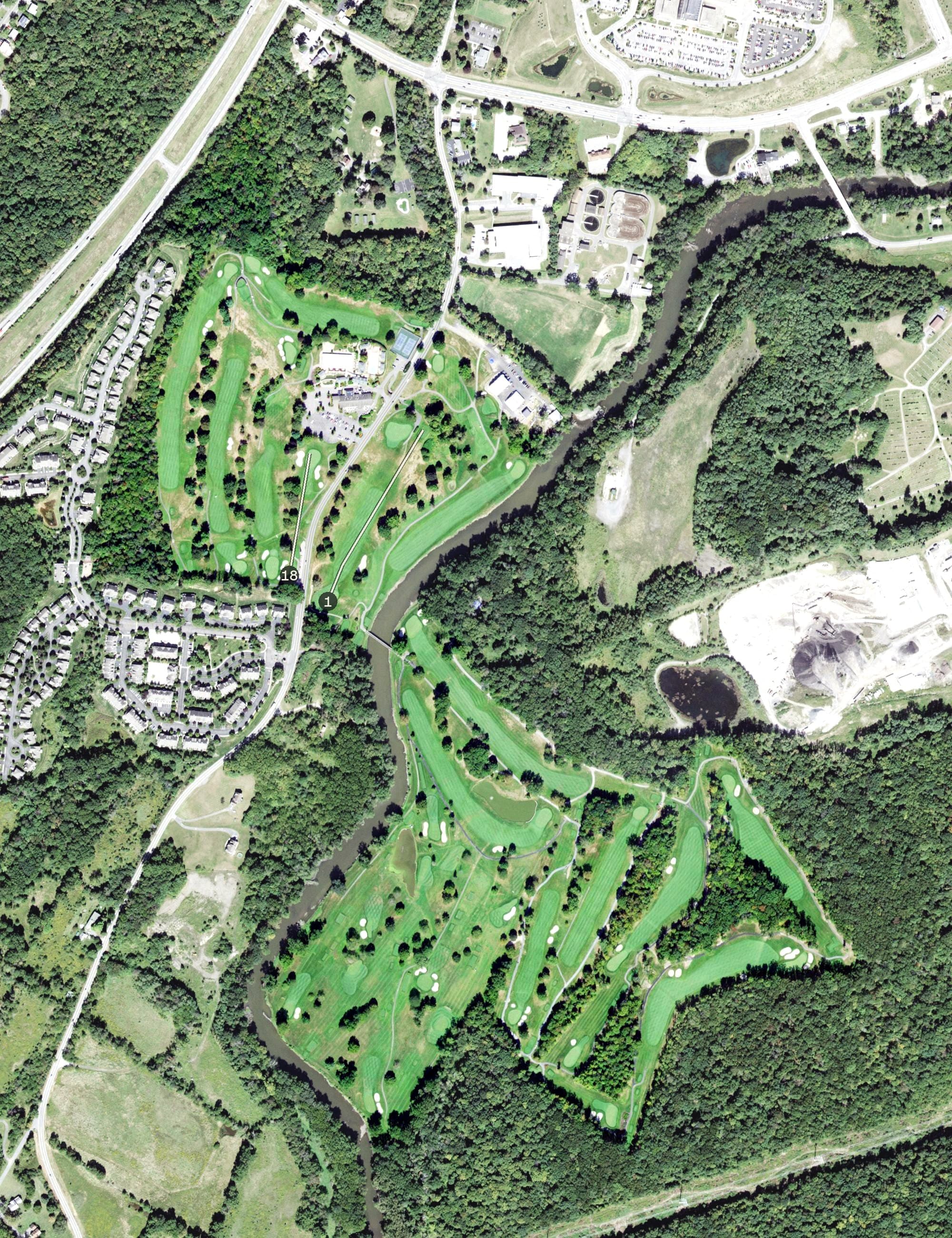 Aerial view of West Hills Country Club, NY, with its hole routing marked