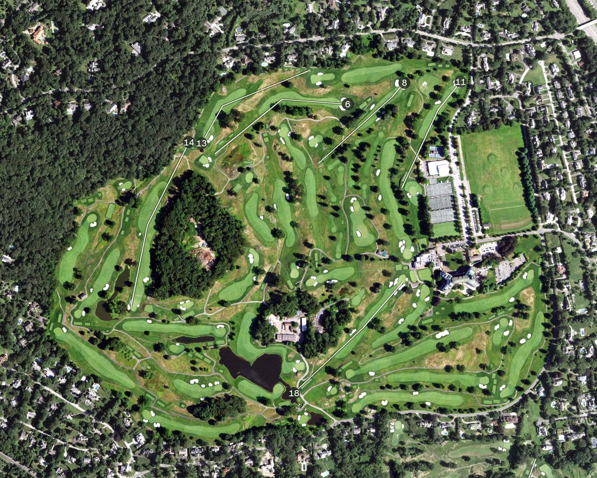 Aerial view of Westchester Country Club, NY, with its hole routing marked