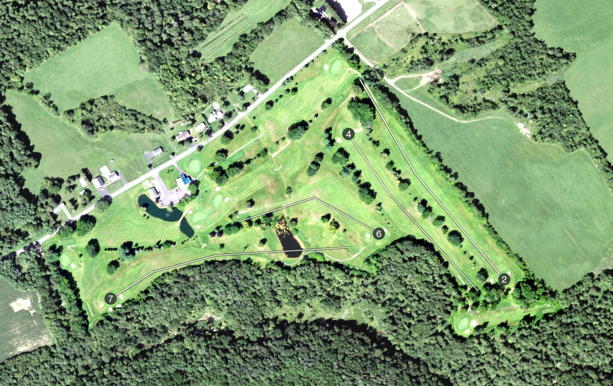 Aerial view of Westmoreland Golf Club, NY, with its hole routing marked