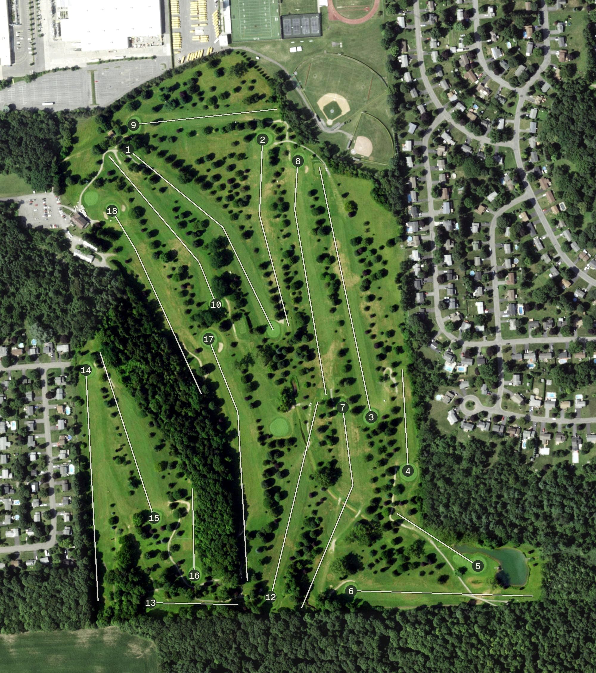 Aerial view of Westvale Golf Club, NY, with its hole routing marked