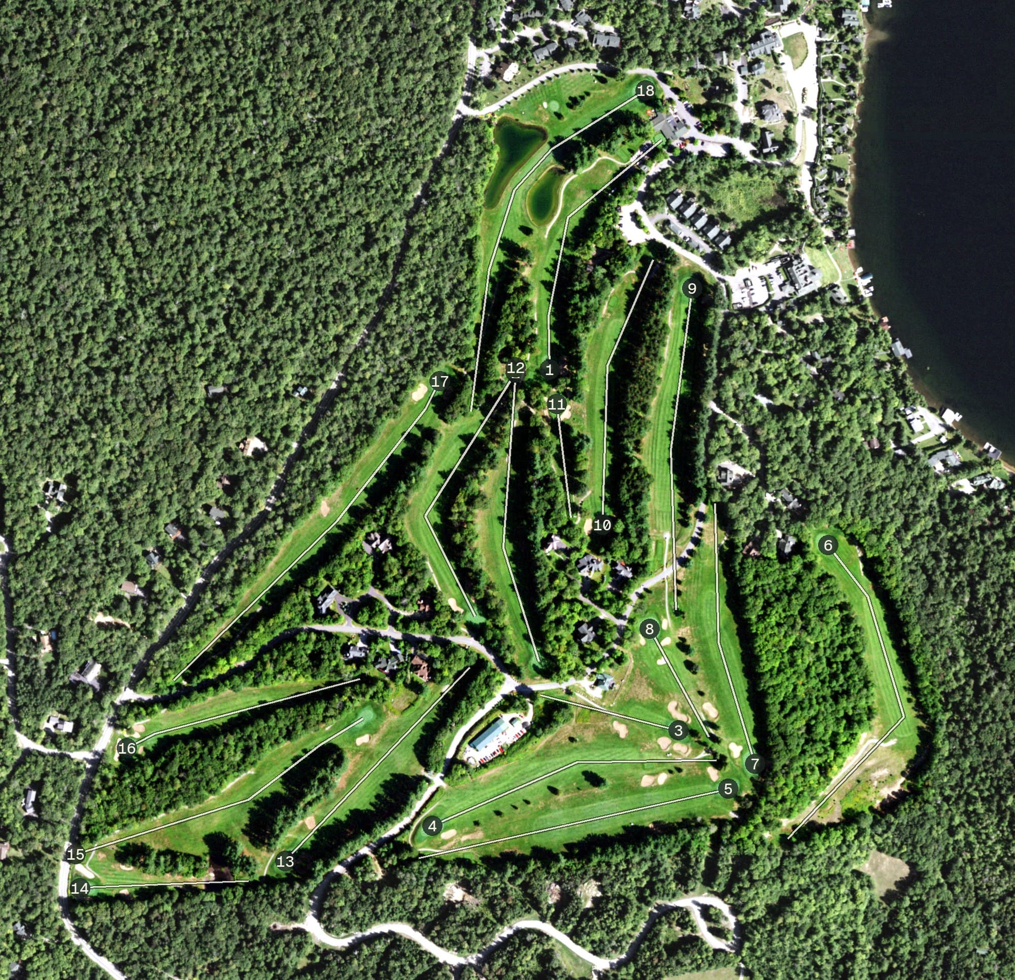Aerial view of Whiteface Club & Resort Golf Course, NY, with its hole routing marked