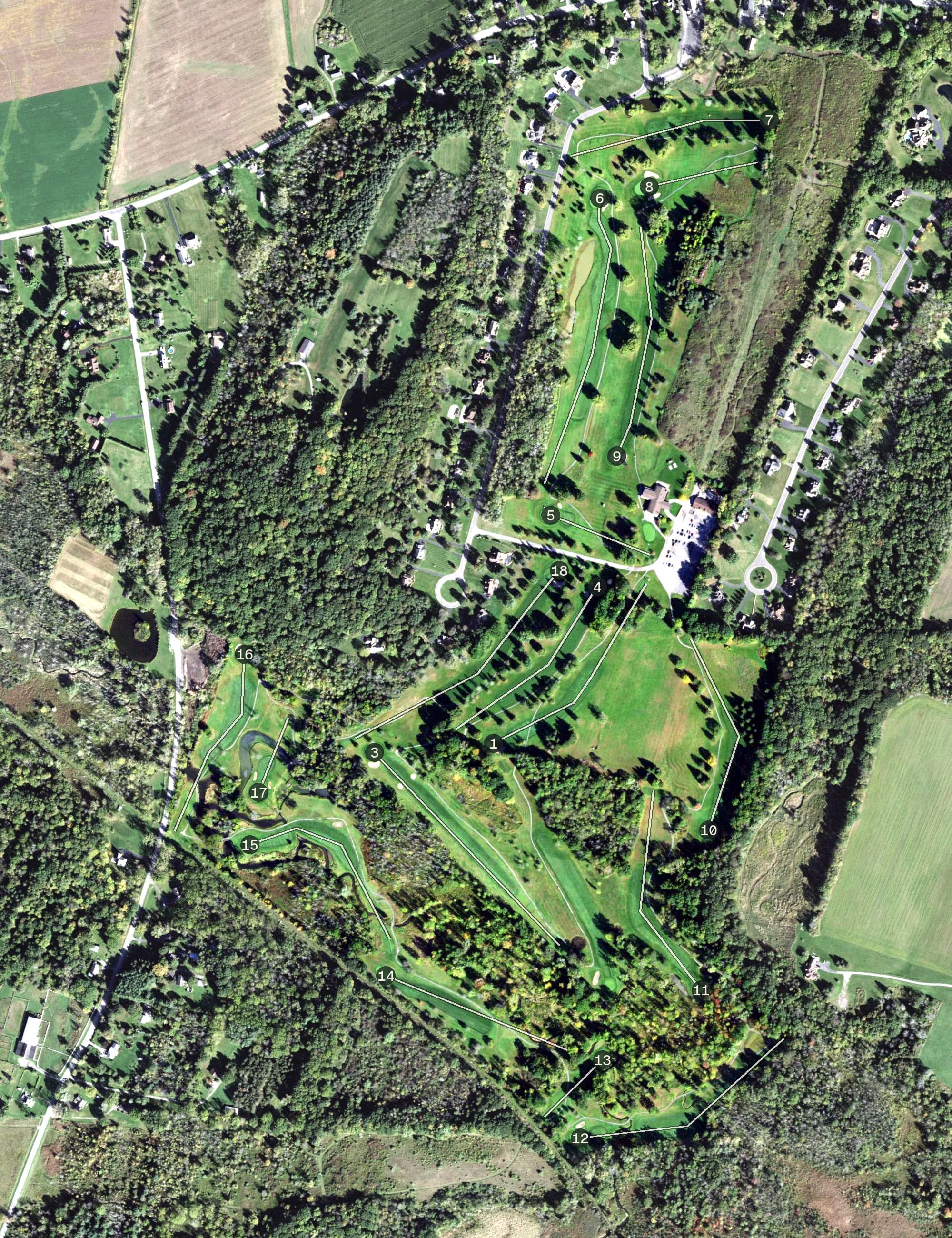 Aerial view of Wild Wood Country Club, NY, with its hole routing marked