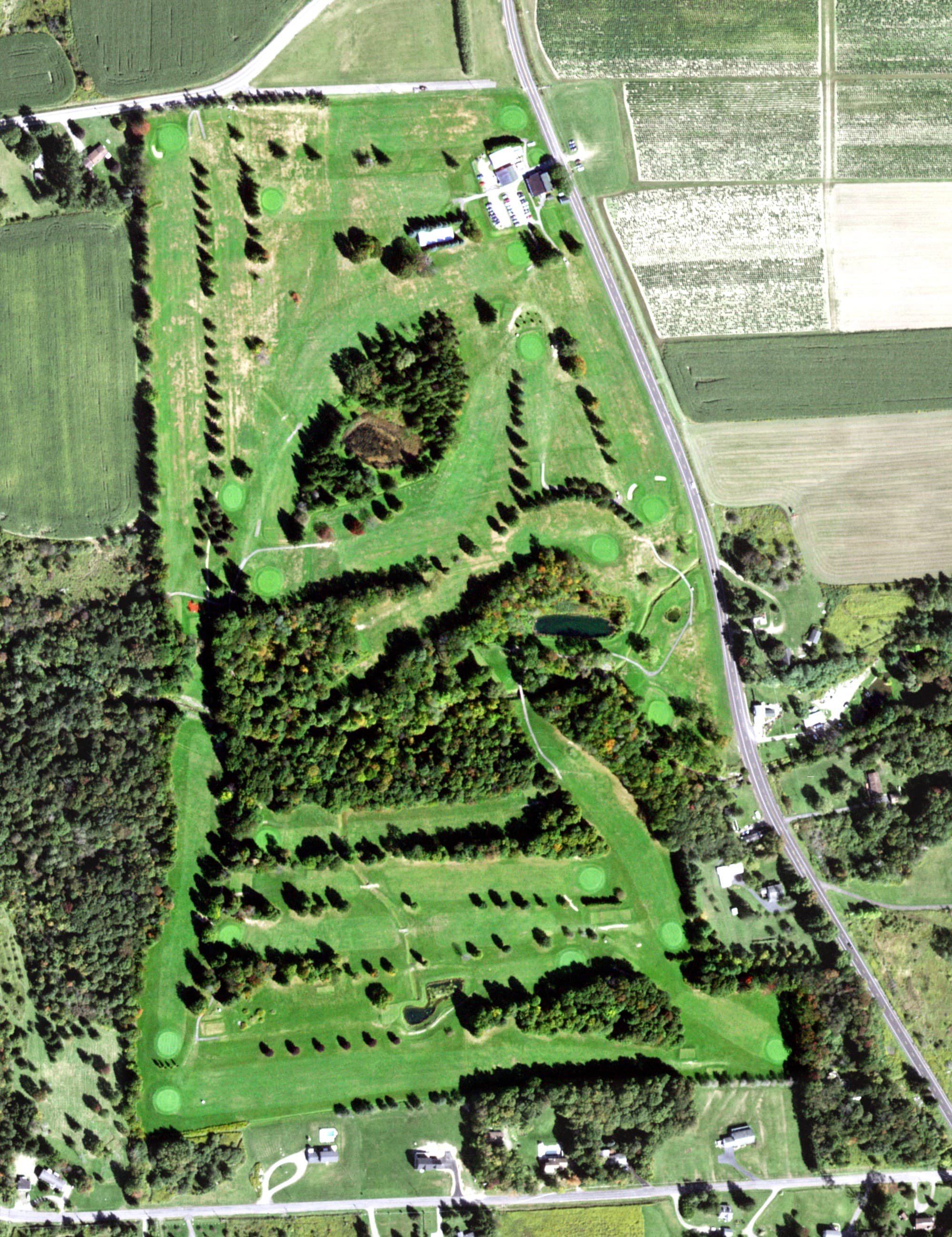 Aerial view of Willowbrook Golf Club, NY, with its hole routing marked