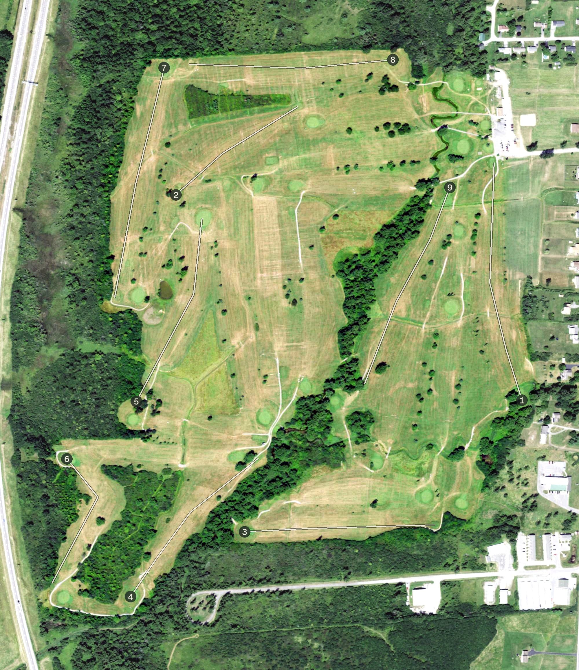 Aerial view of Willowbrook Golf Club, NY, with its hole routing marked