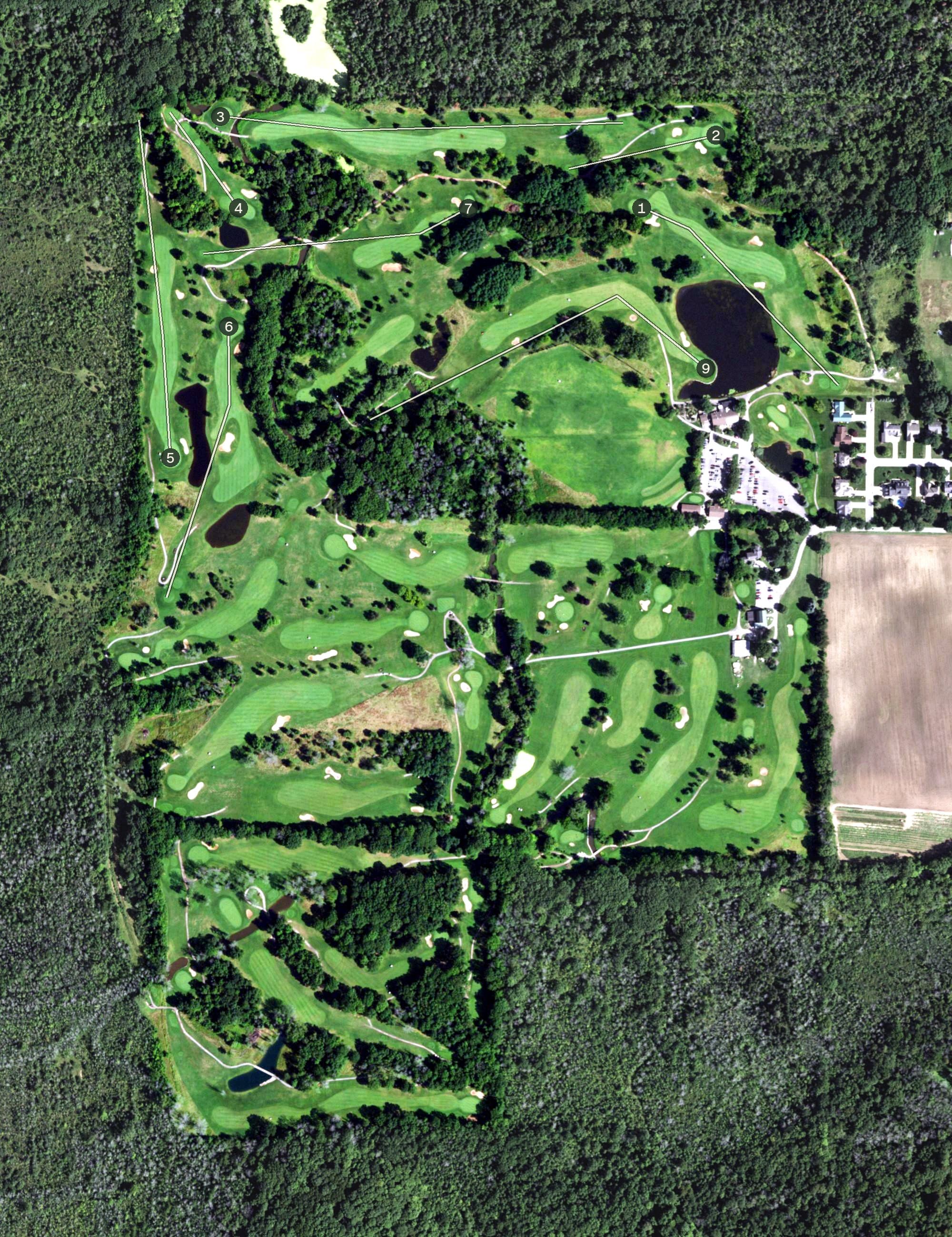 Aerial view of Willowbrook Golf Course, NY, with its hole routing marked
