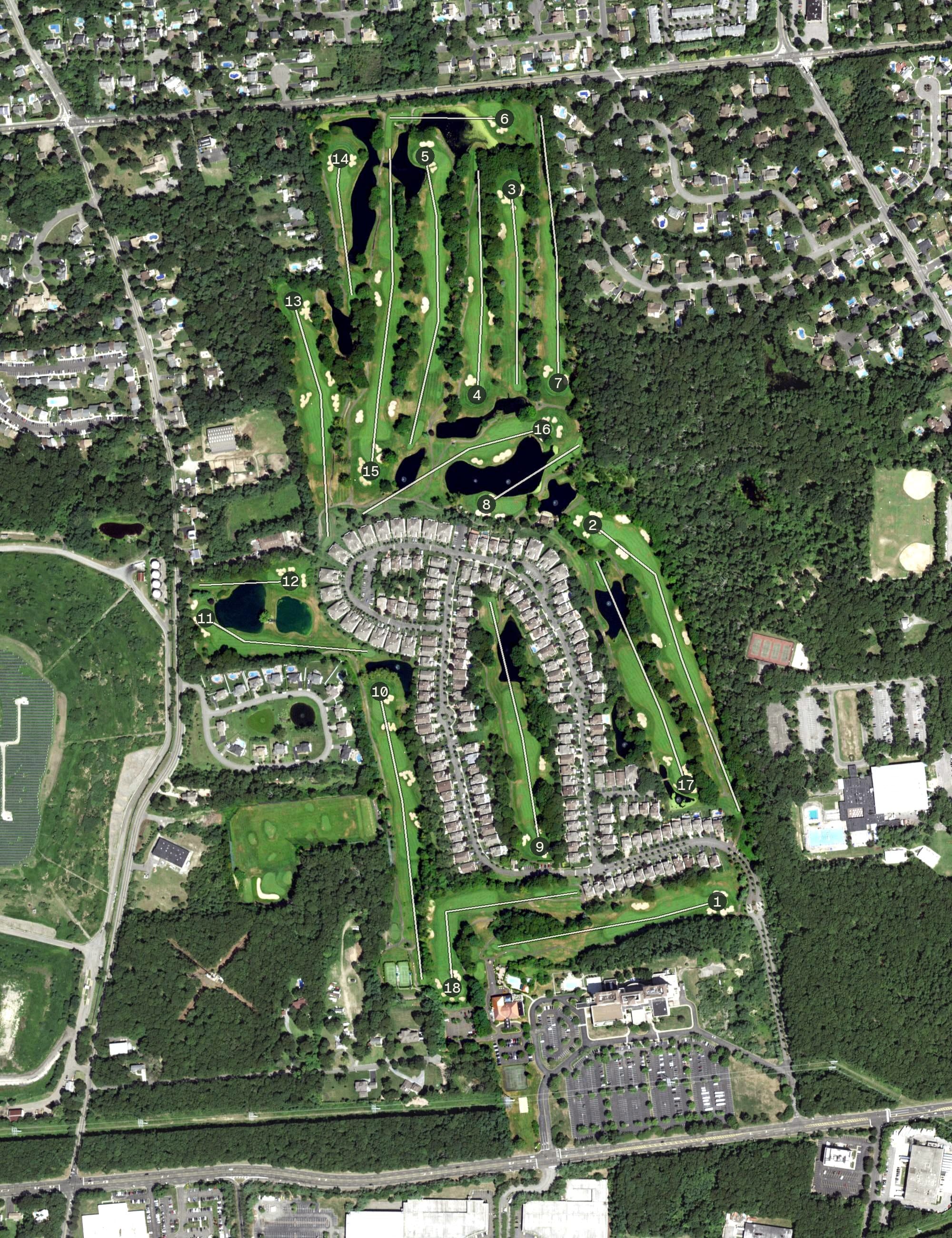 Aerial view of Wind Watch Golf & Country Club, NY, with its hole routing marked