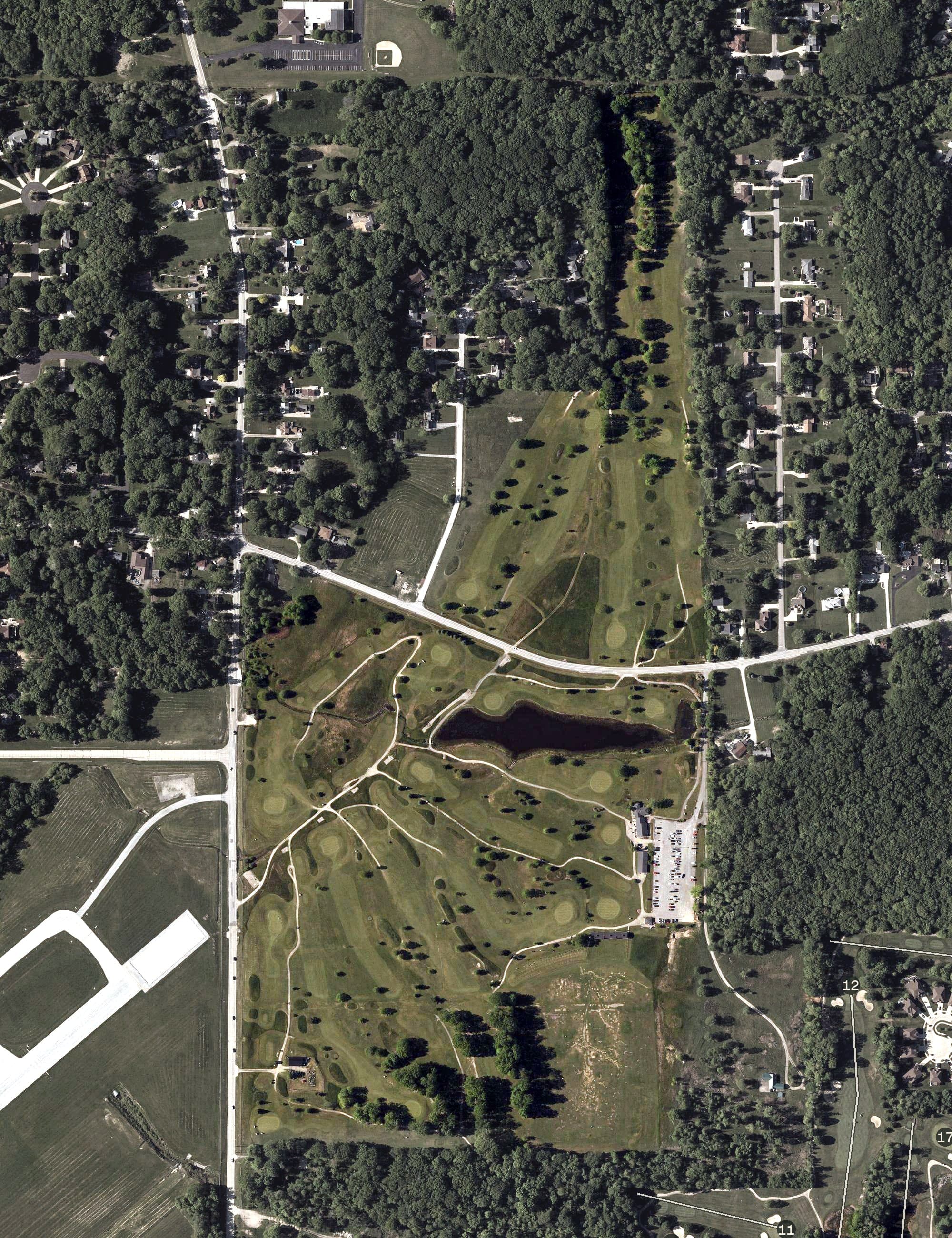 Aerial view of Airport Golf Course, OH, with its hole routing marked