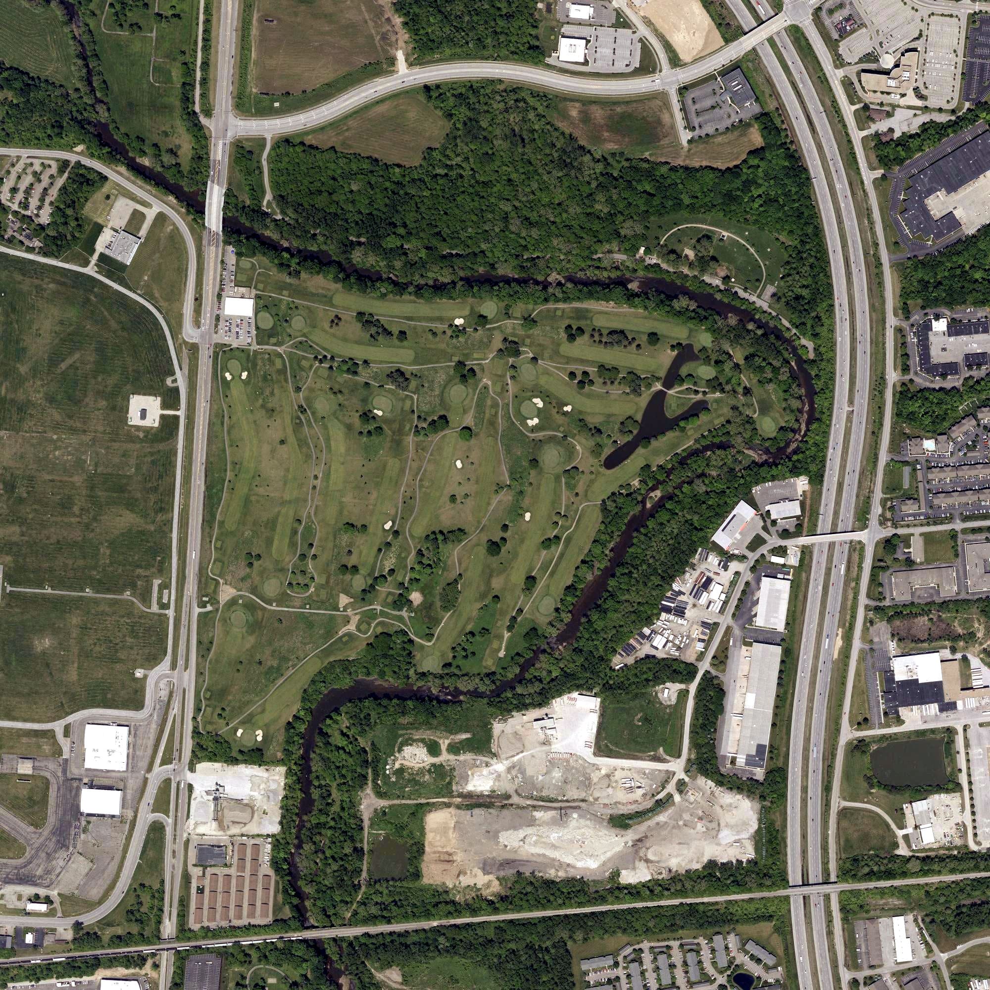 Aerial view of Airport Golf Course, OH, with its hole routing marked