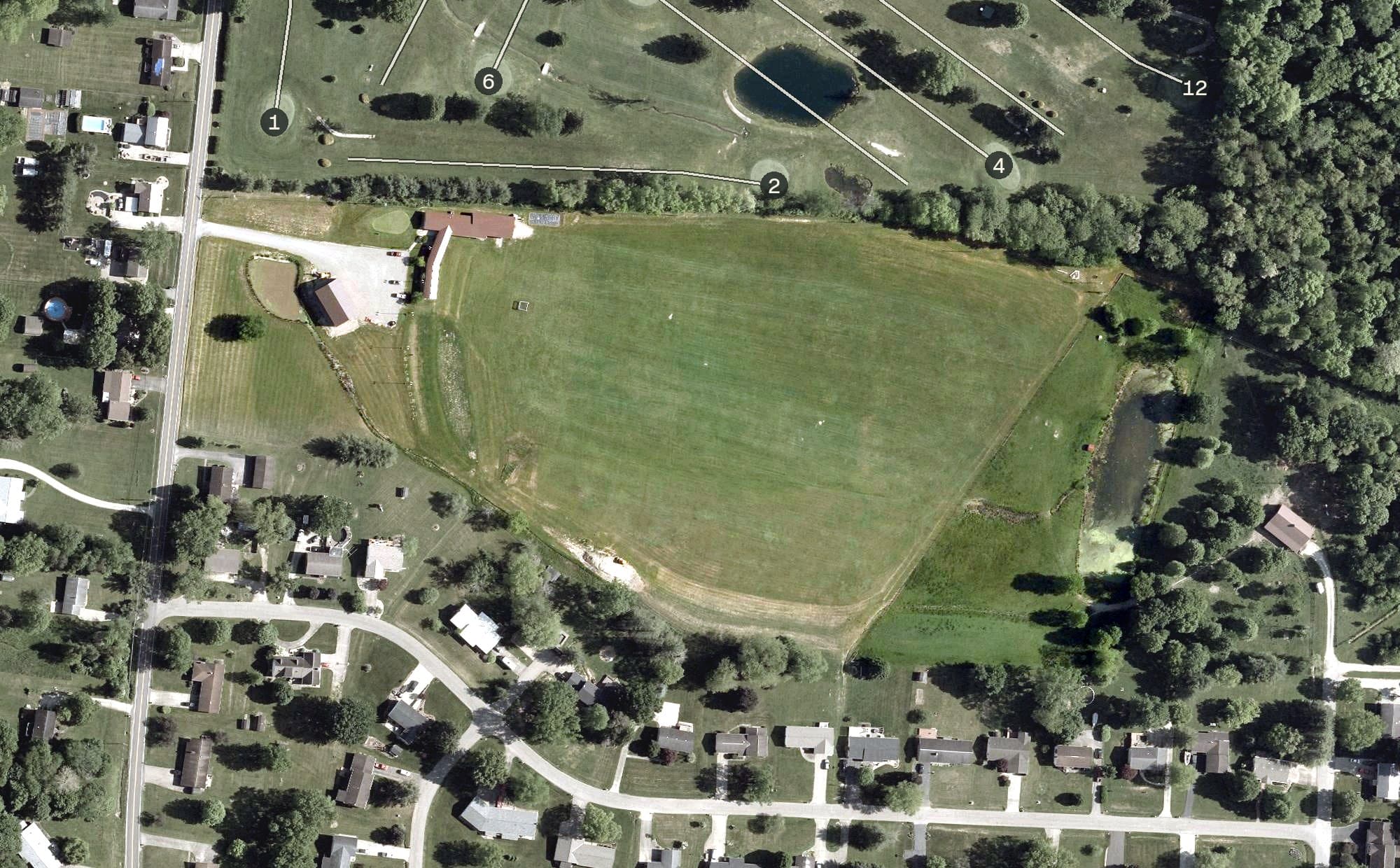 Aerial view of All Seasons Driving Range, OH, with its hole routing marked