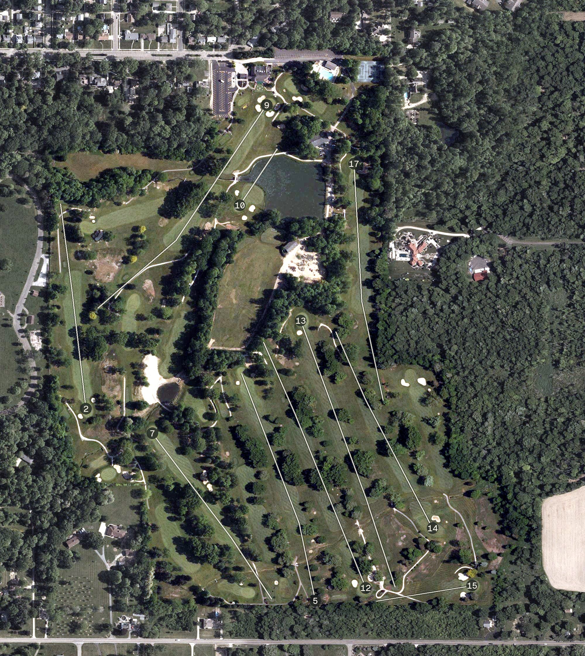 Aerial view of Alliance Country Club, OH, with its hole routing marked