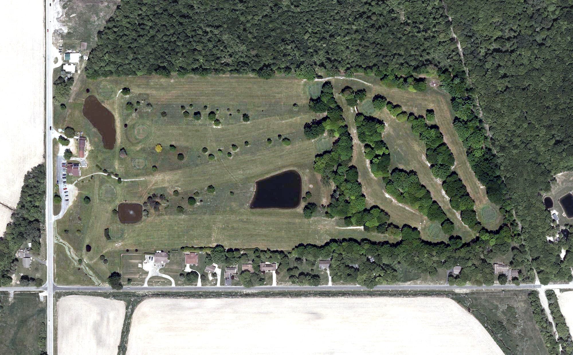 Aerial view of Andover Public Golf Course, OH, with its hole routing marked