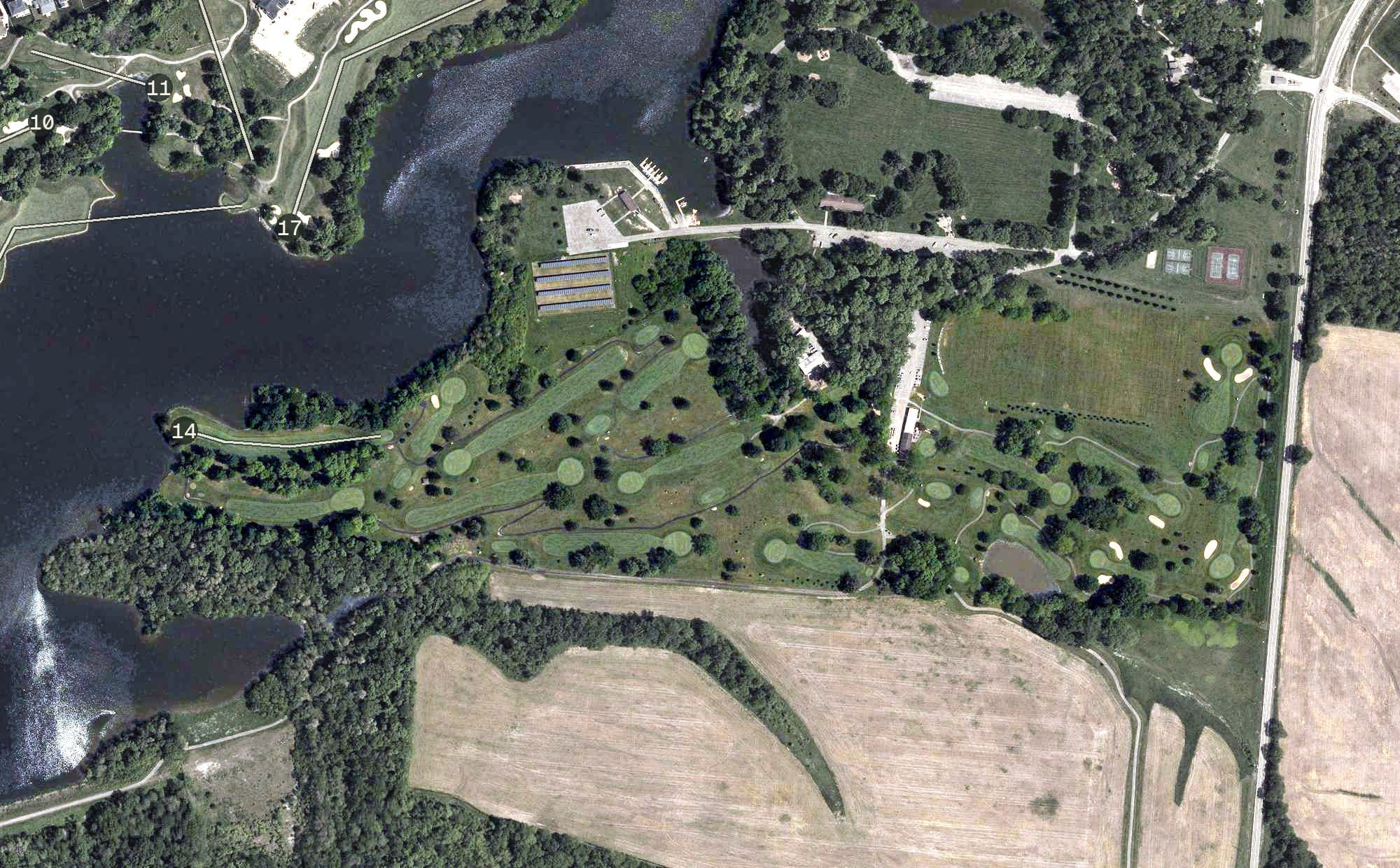 Aerial view of Armco Park Golf Course, OH, with its hole routing marked