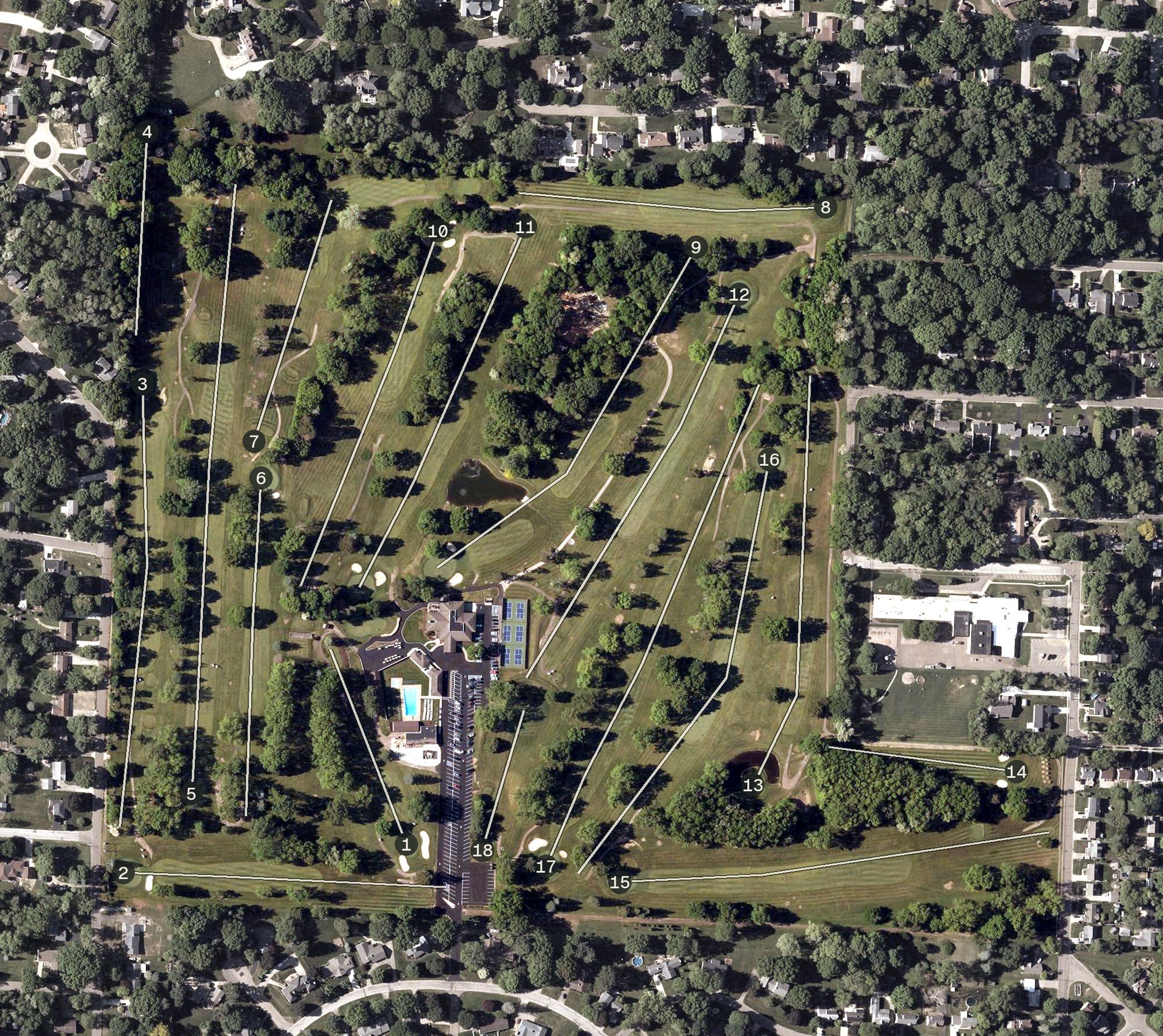 Aerial view of Arrowhead Golf Club, OH, with its hole routing marked