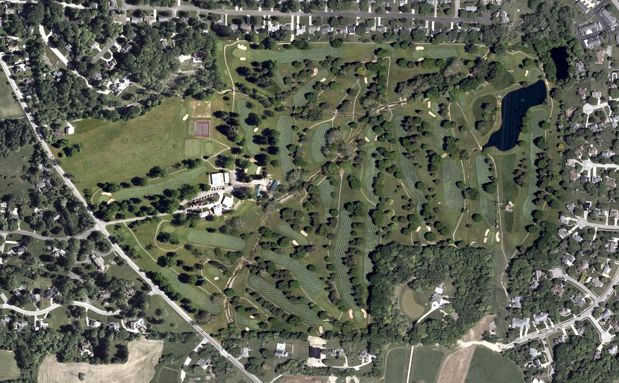Aerial view of Ashland Golf Club, OH, with its hole routing marked