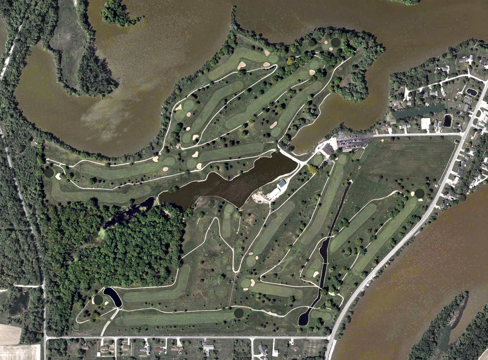 Aerial view of Auglaize Golf Club, OH, with its hole routing marked