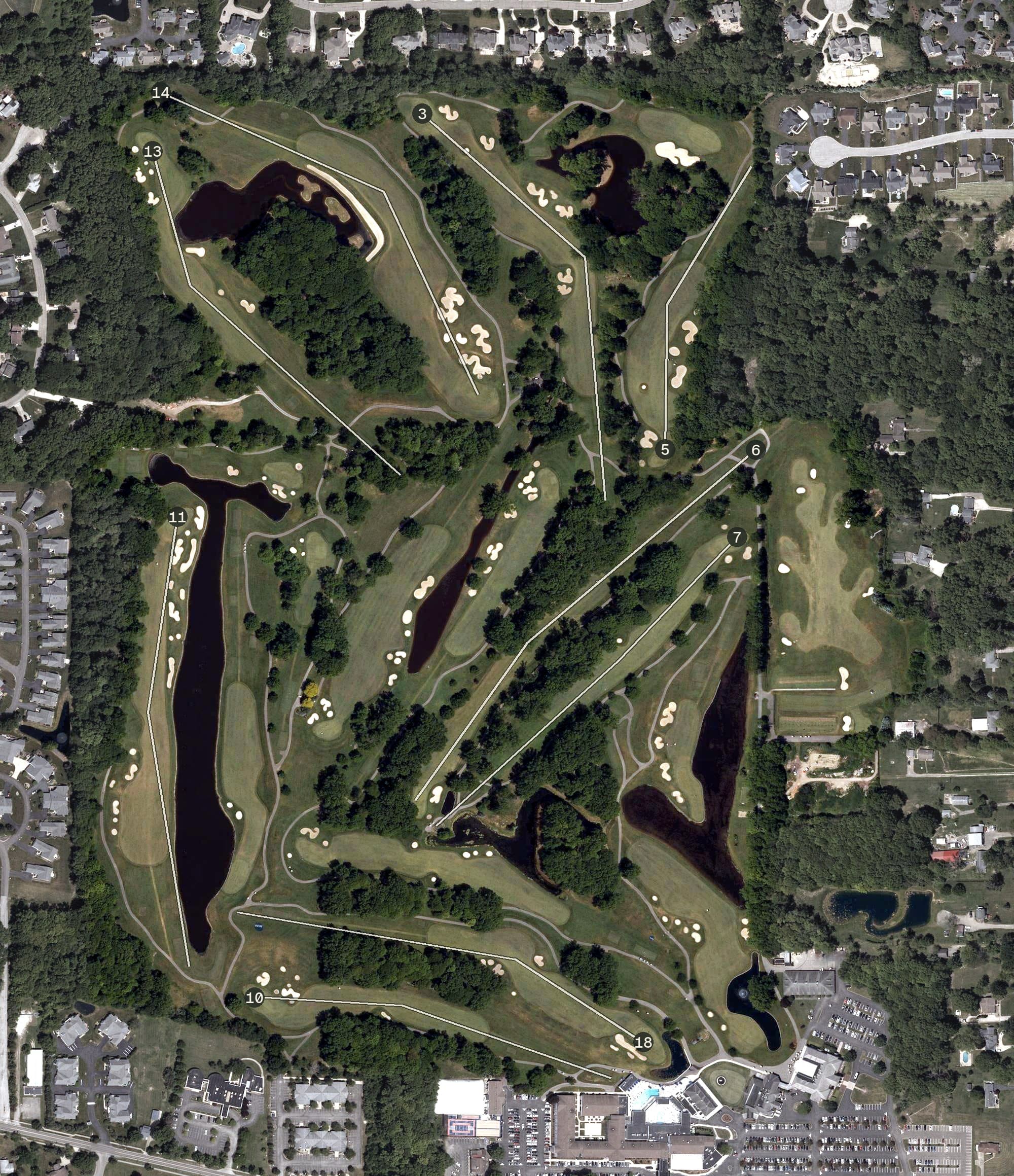 Aerial view of Avalon Lakes Golf Course, OH, with its hole routing marked