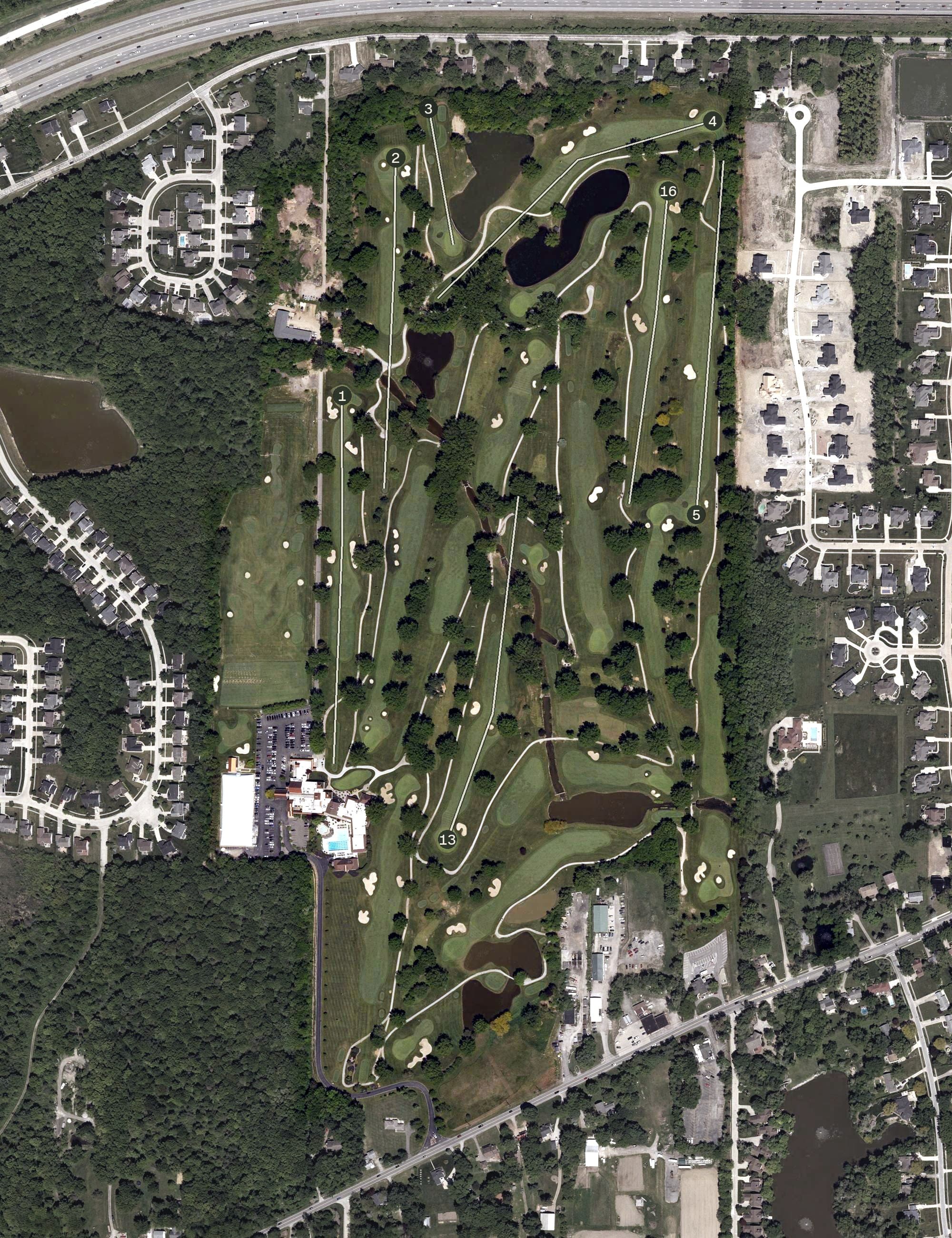 Aerial view of Avon Oaks Country Club, OH, with its hole routing marked
