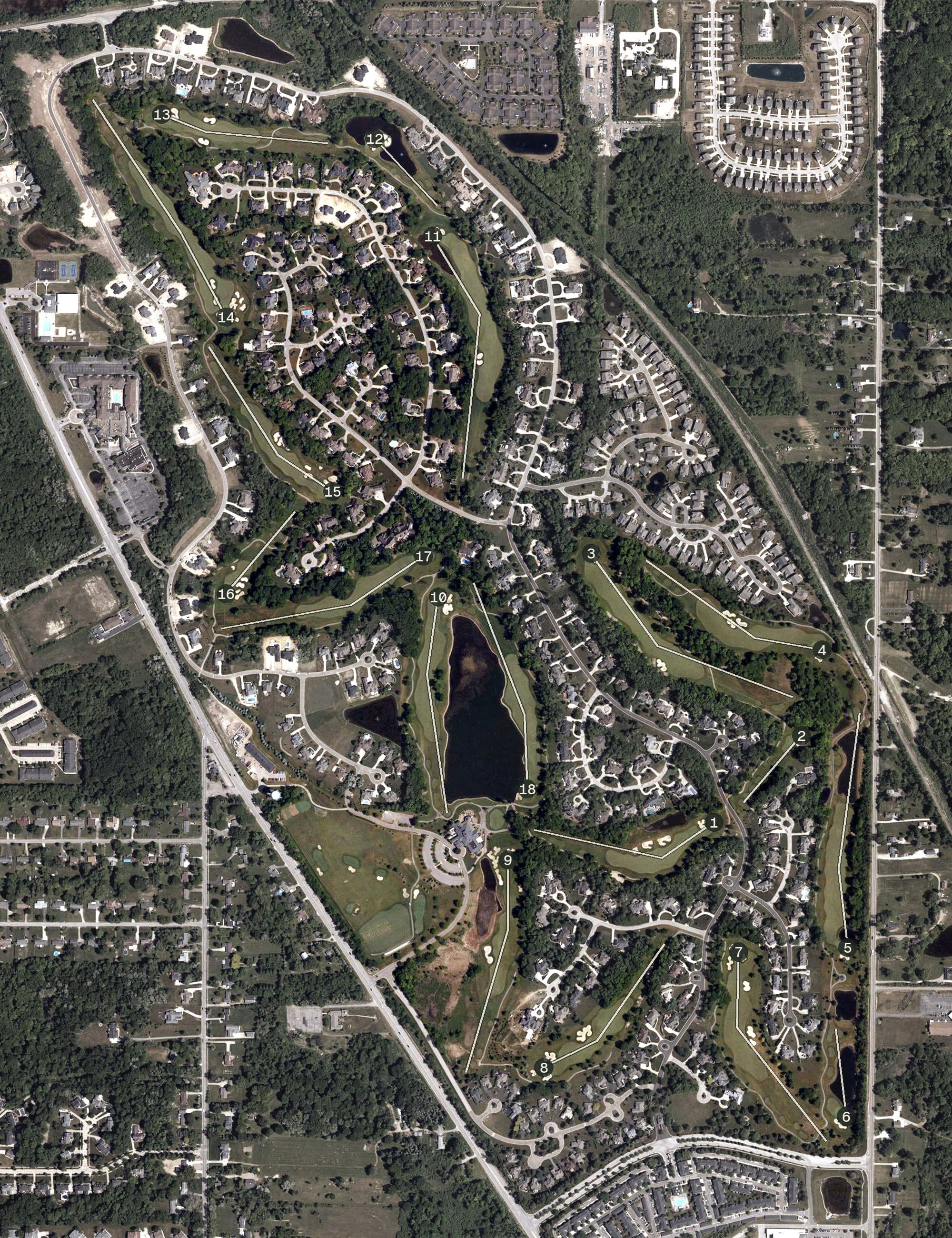 Aerial view of Barrington Golf Club, OH, with its hole routing marked