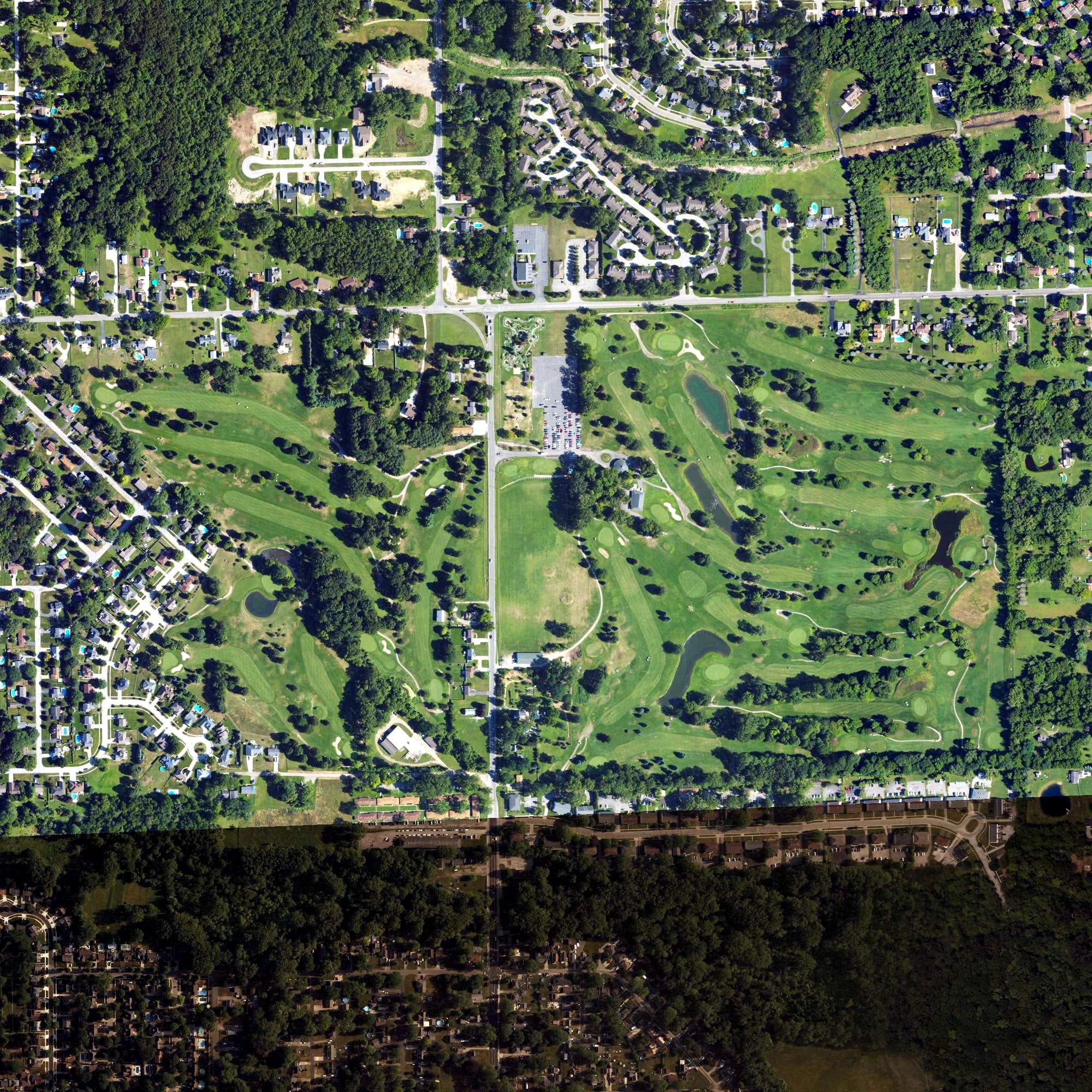Aerial view of Bedford Hills Golf Club, OH, with its hole routing marked