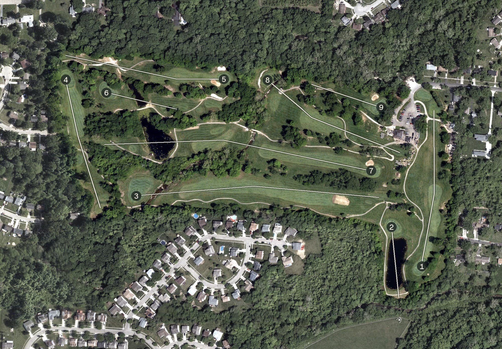 Aerial view of Beech Creek Golf Course, OH, with its hole routing marked