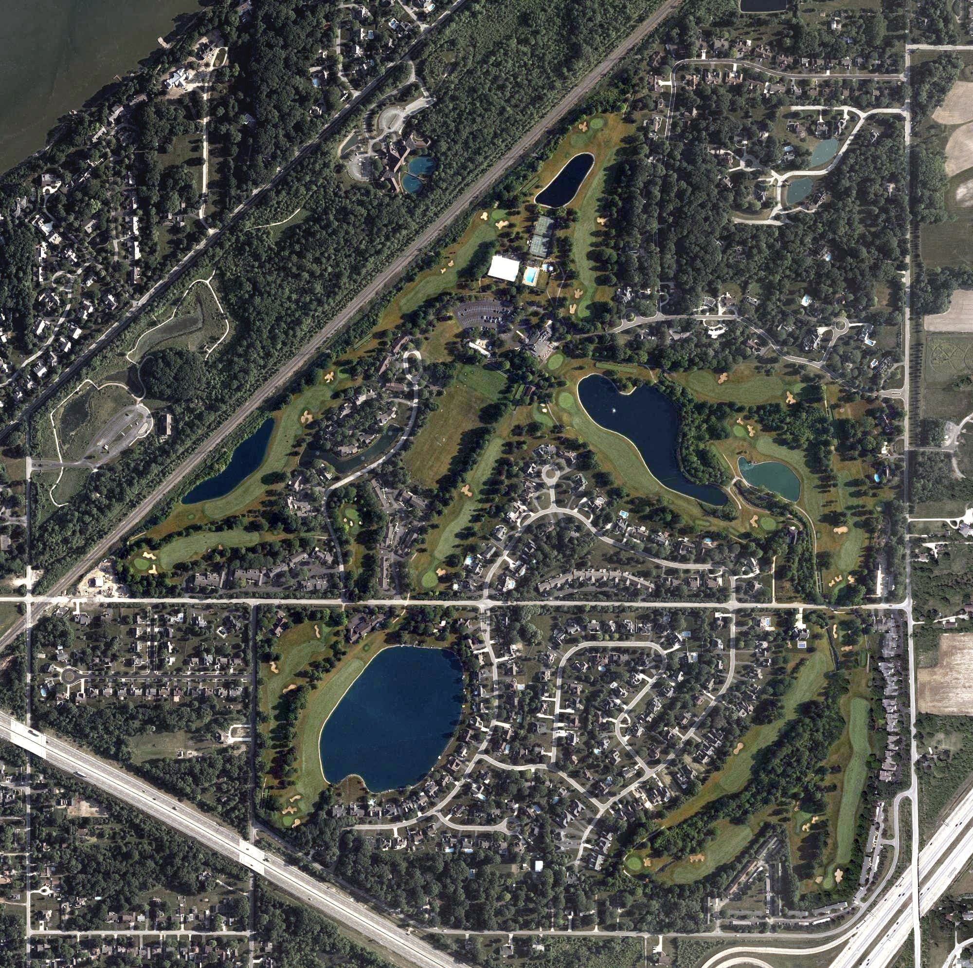 Aerial view of Belmont Country Club, OH, with its hole routing marked