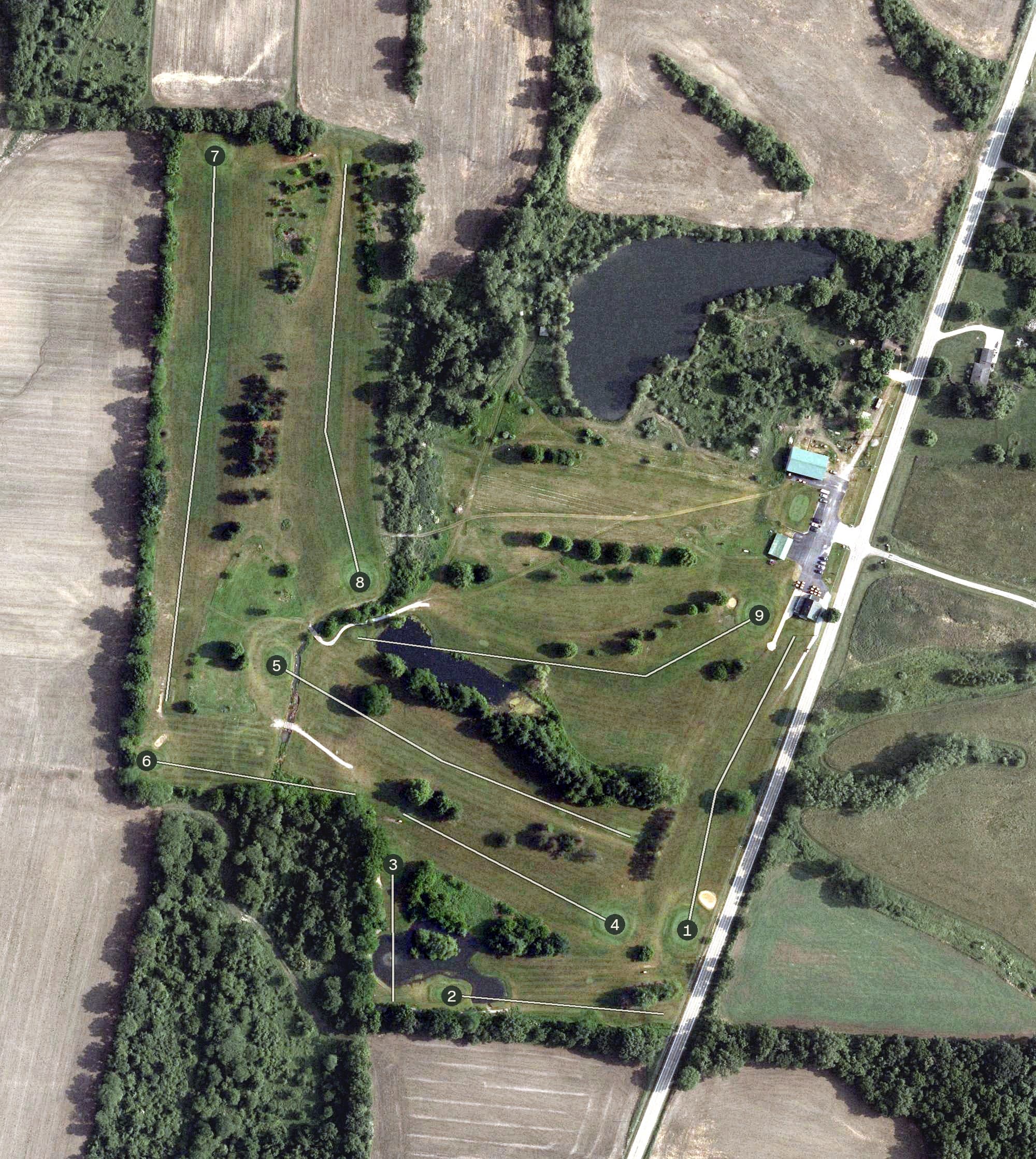 Aerial view of Big Walnut Golf Course, OH, with its hole routing marked