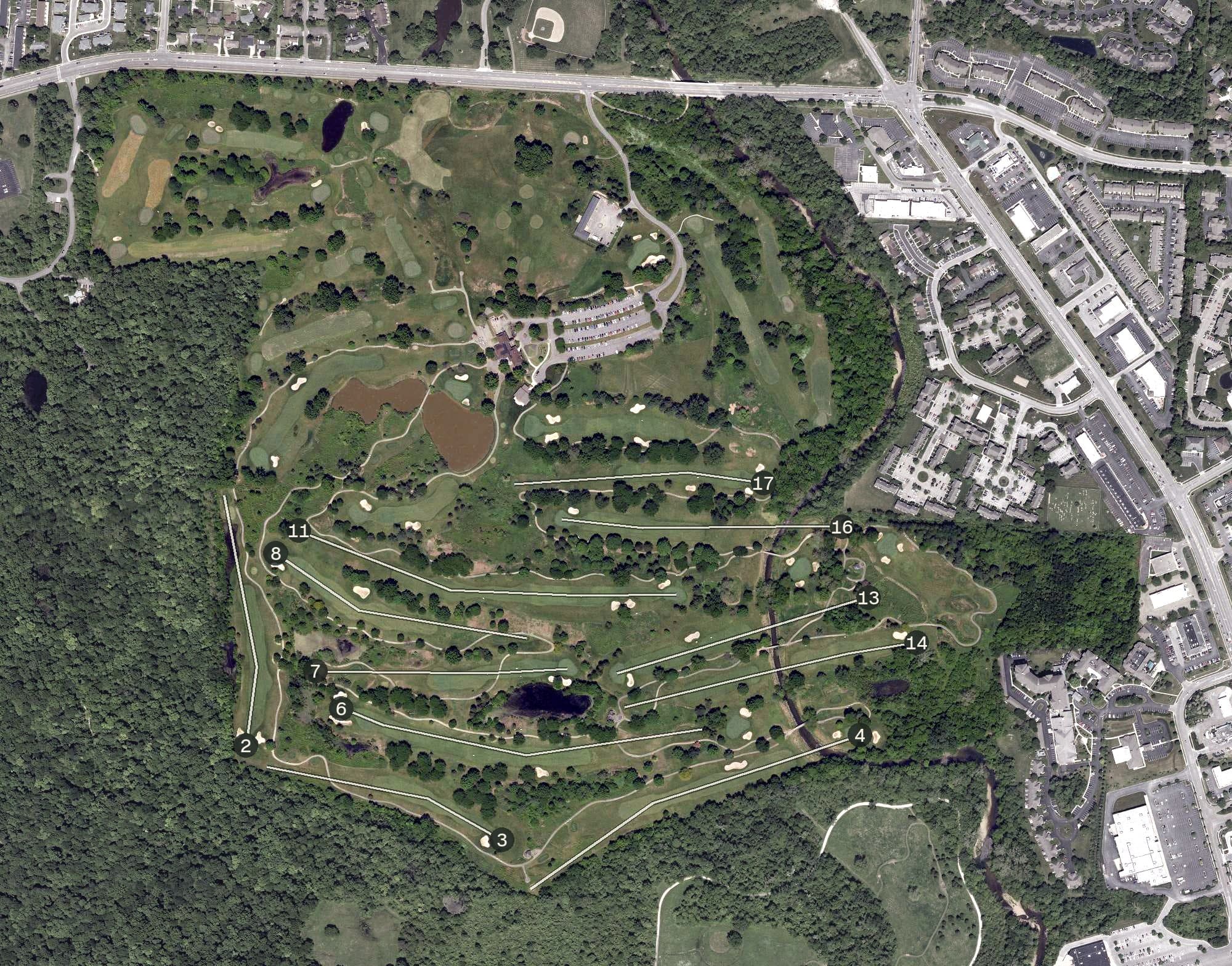 Aerial view of Blacklick Woods Golf Course, OH, with its hole routing marked