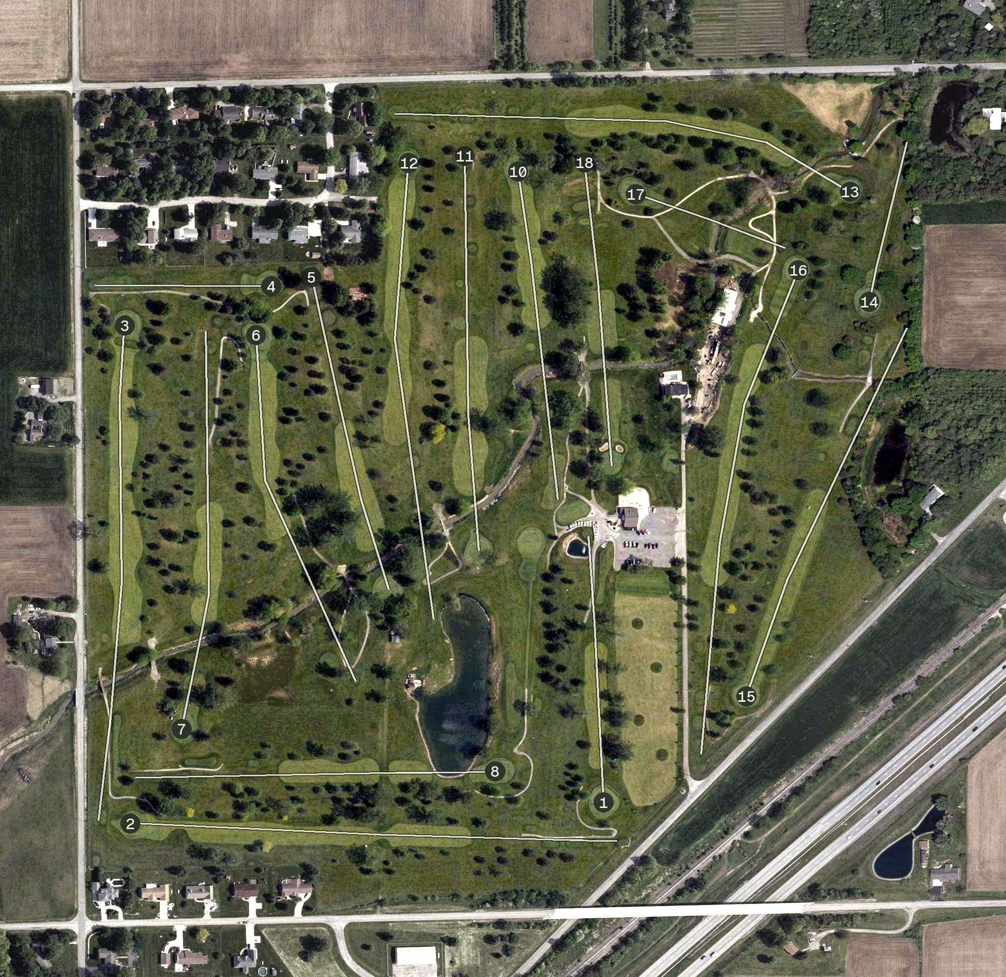 Aerial view of Bluffton Golf Club, OH, with its hole routing marked