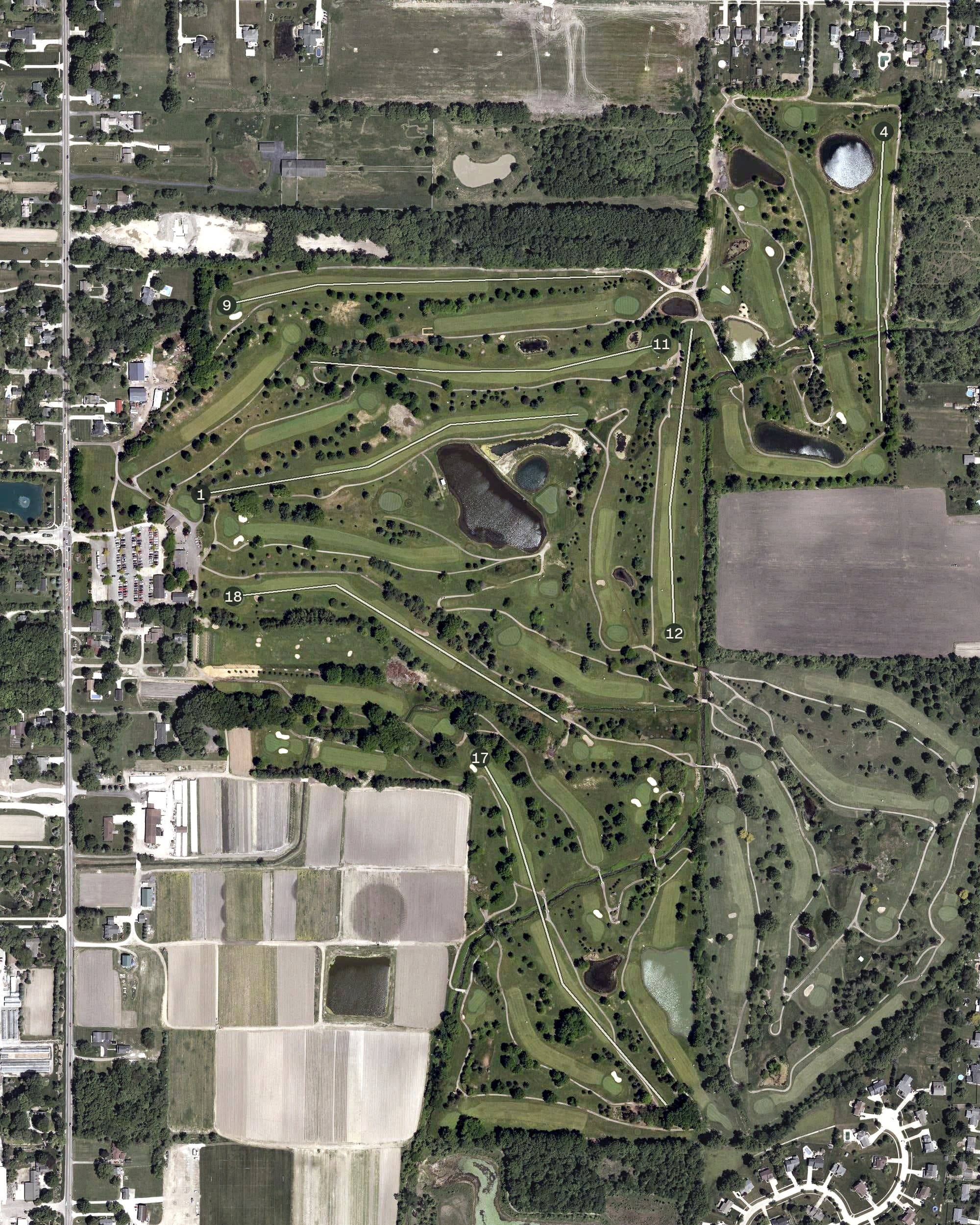 Aerial view of Bob-O-Link Golf Course, OH, with its hole routing marked