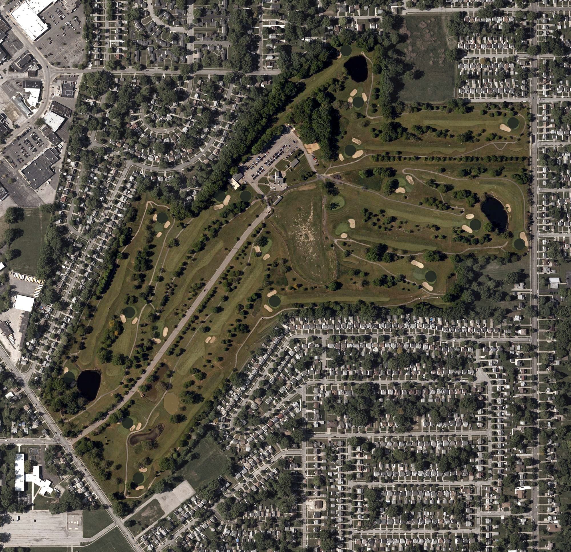 Aerial view of Briardale Greens Golf Course, OH, with its hole routing marked
