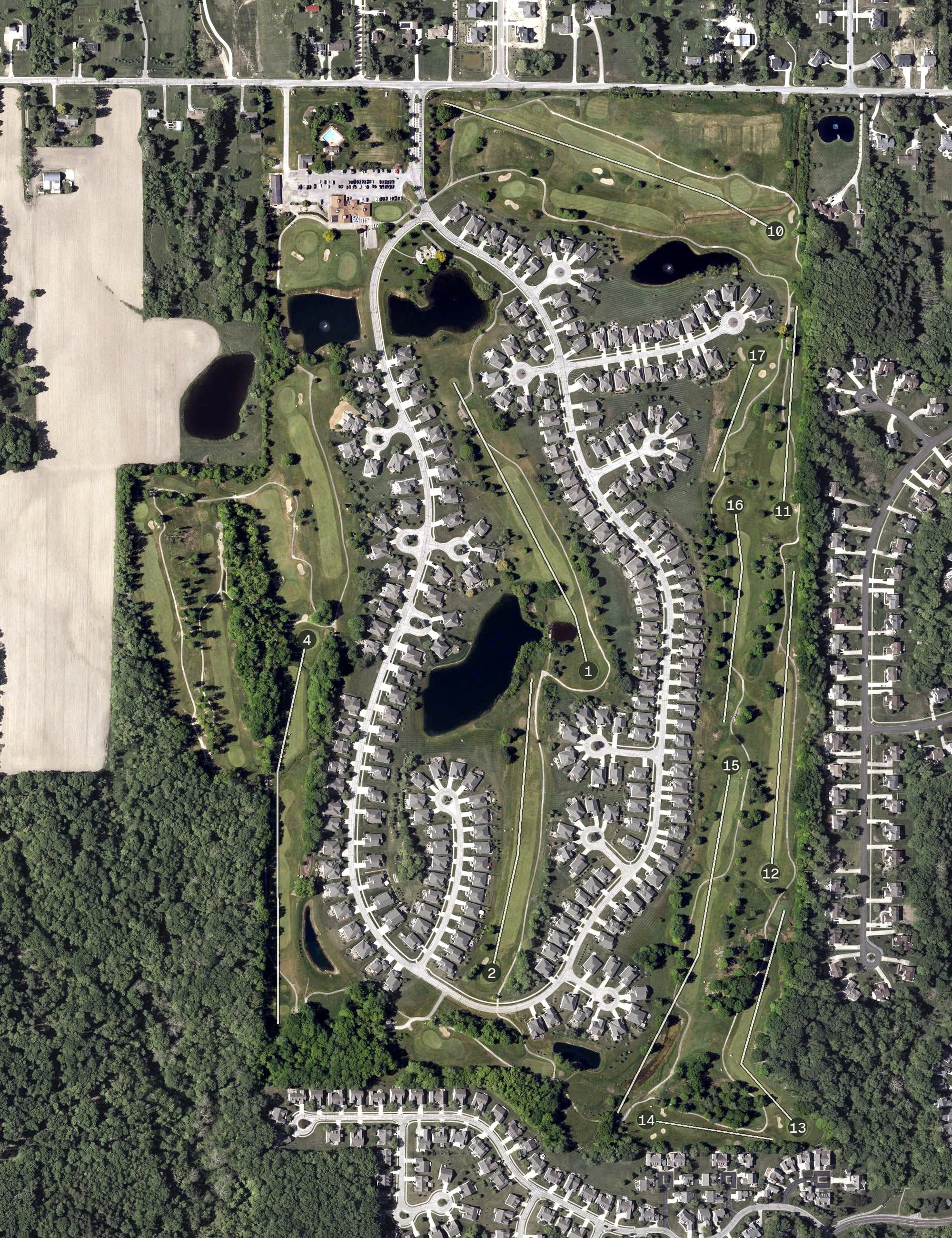 Aerial view of Briarwood Golf Club, OH, with its hole routing marked