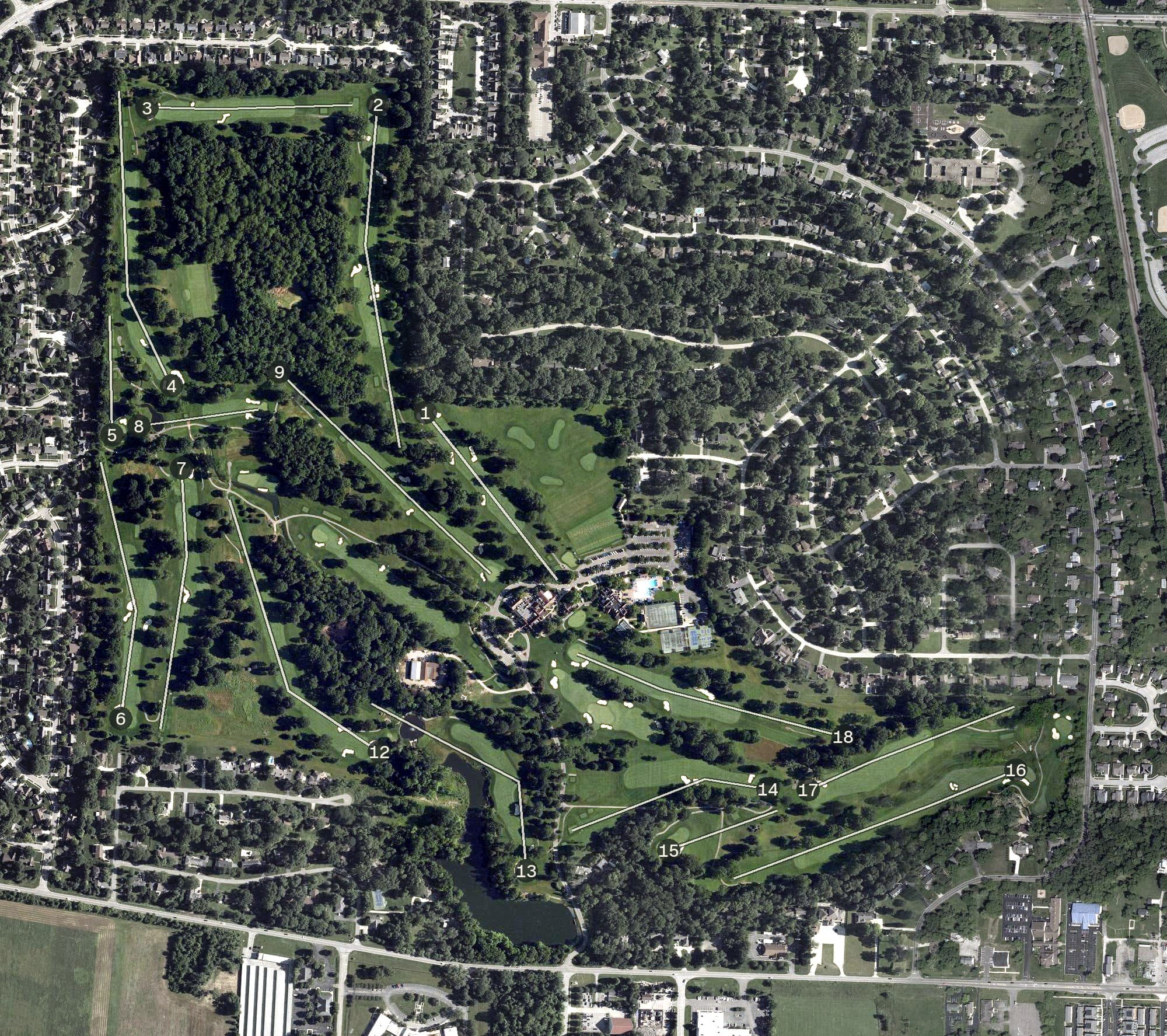 Aerial view of Brookside Golf & Country Club, OH, with its hole routing marked