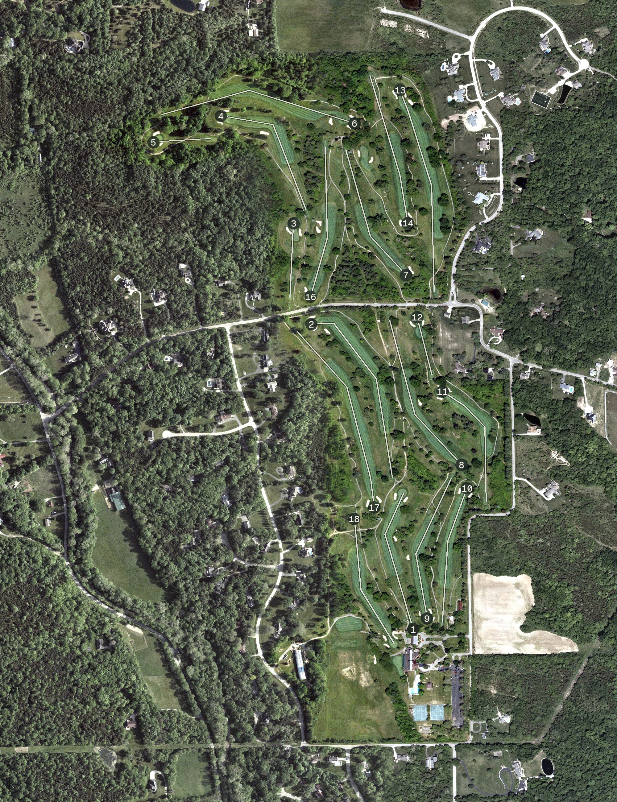 Aerial view of Brown's Run Country Club, OH, with its hole routing marked