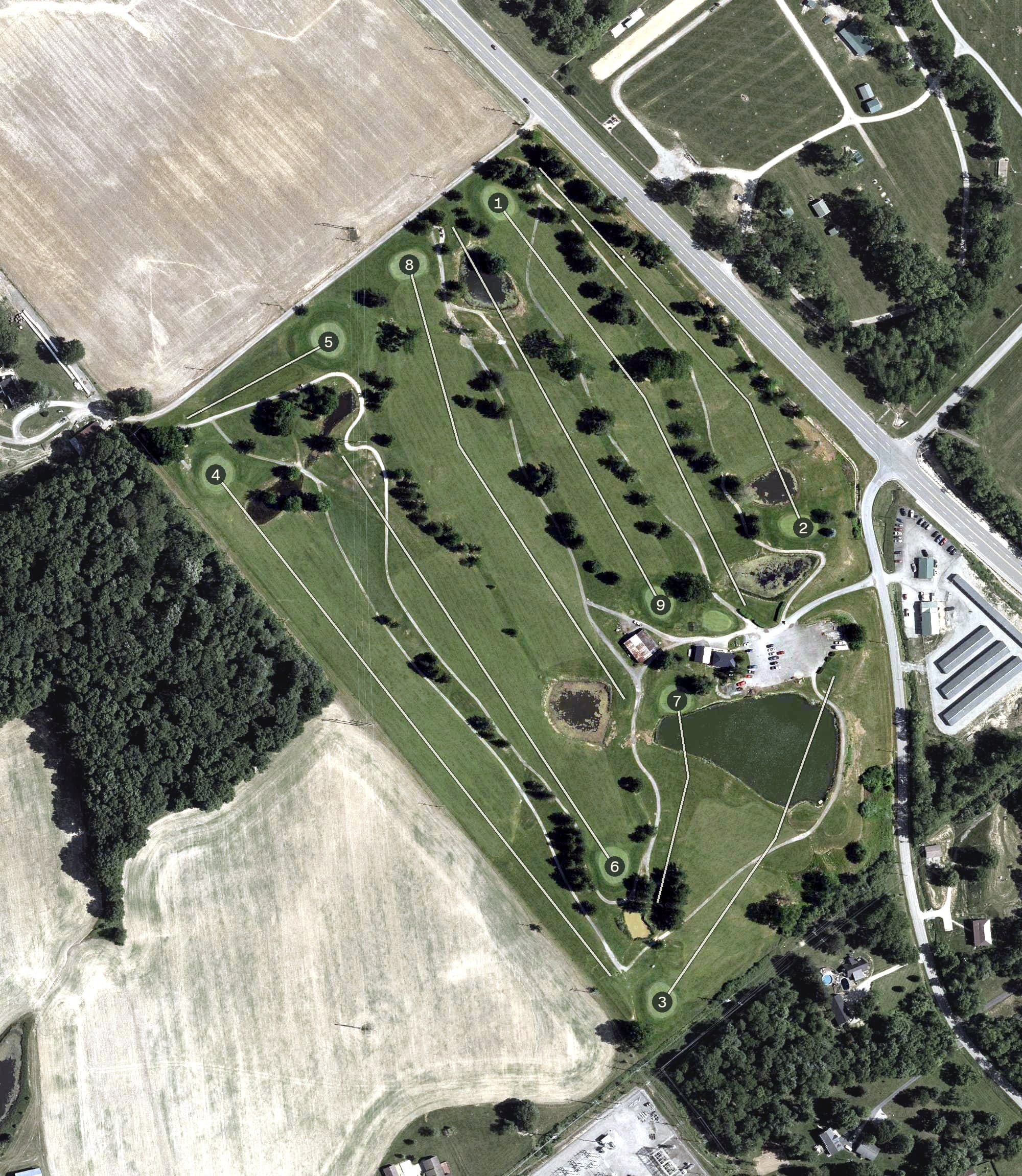 Aerial view of Buttermilk Falls Golf Club, OH, with its hole routing marked