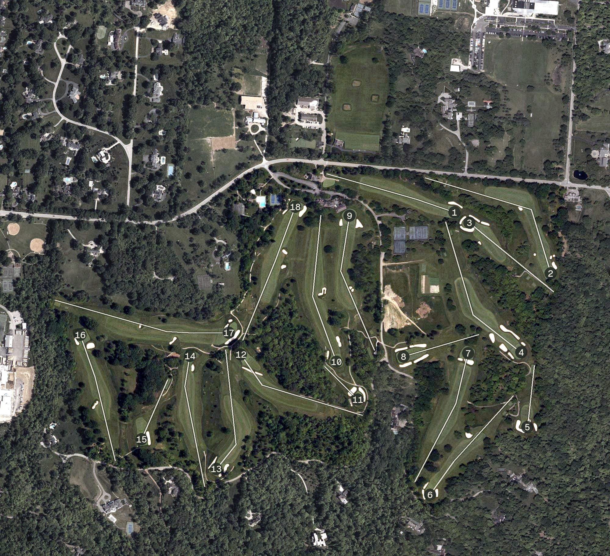 Aerial view of Camargo Club, OH, with its hole routing marked