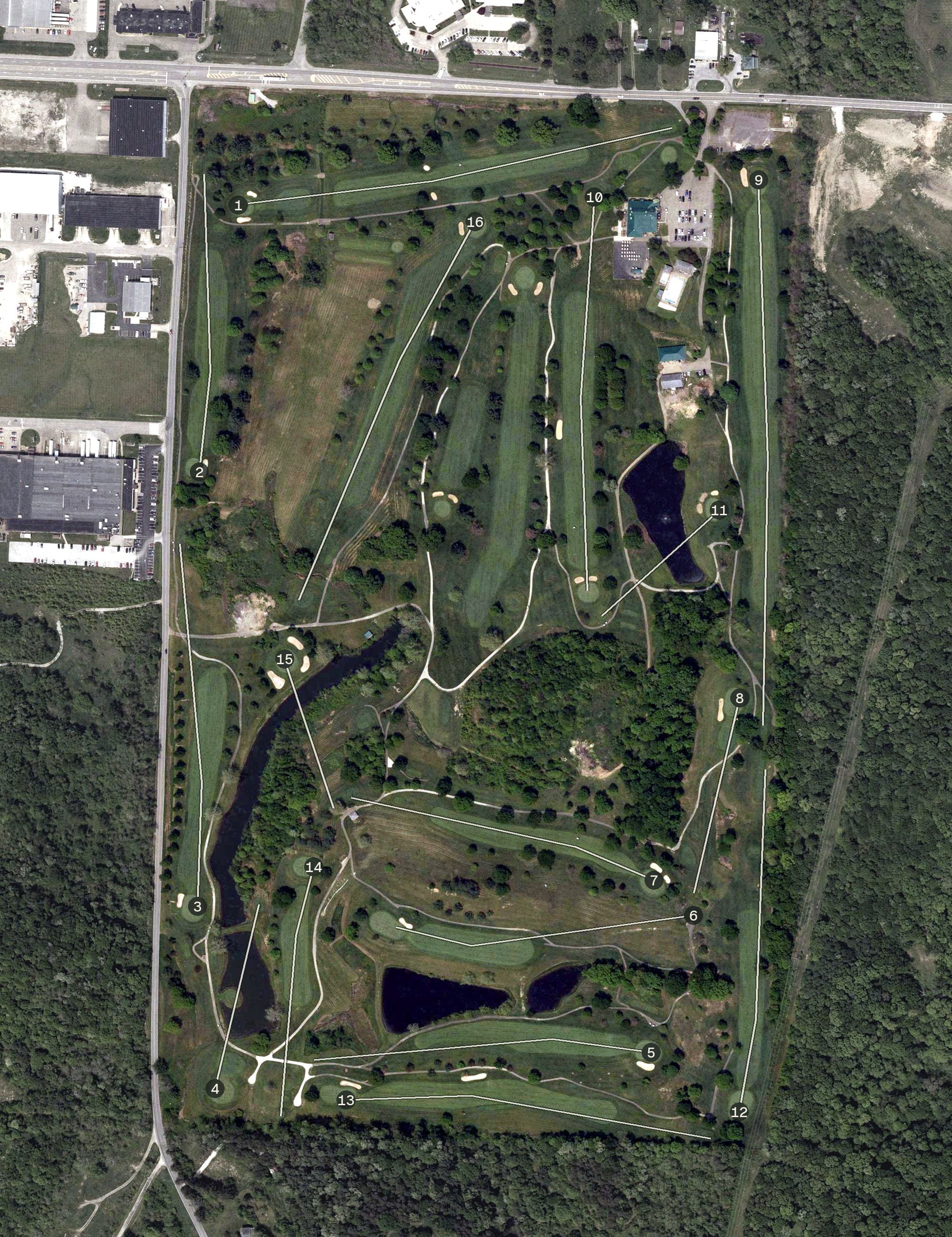 Aerial view of Cambridge Country Club, OH, with its hole routing marked