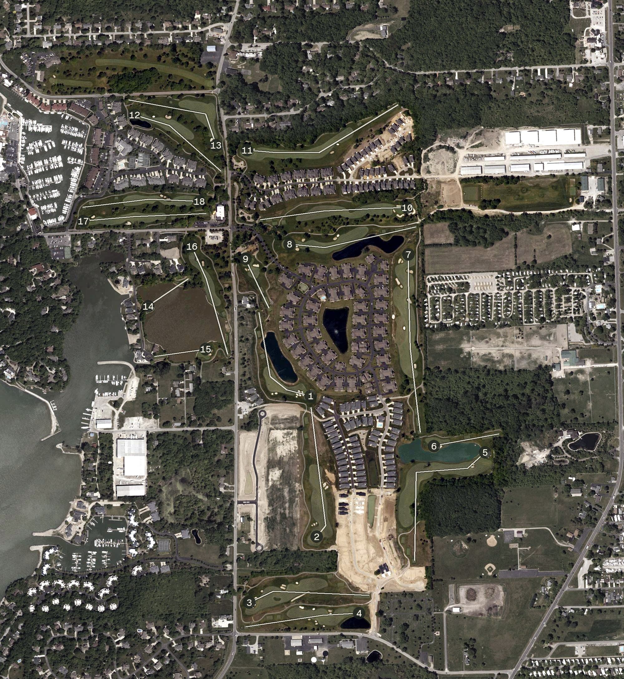 Aerial view of Catawba Island Club, OH, with its hole routing marked