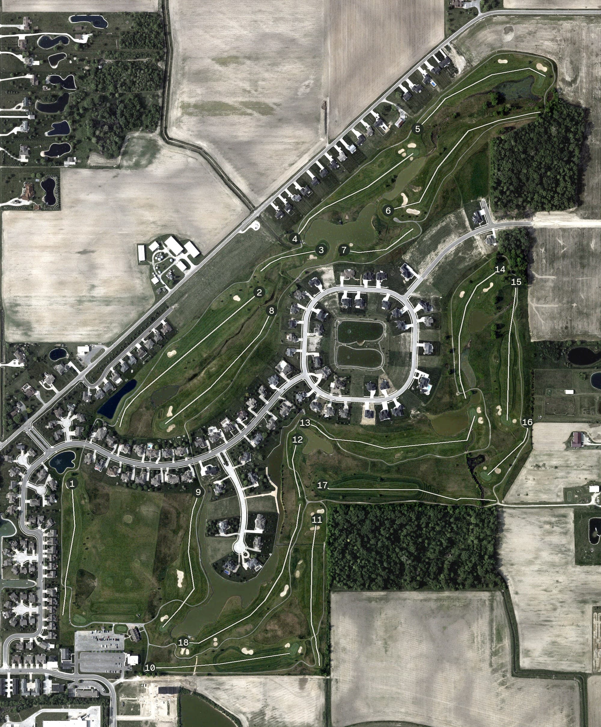 Aerial view of Celina Lynx Golf Club, OH, with its hole routing marked