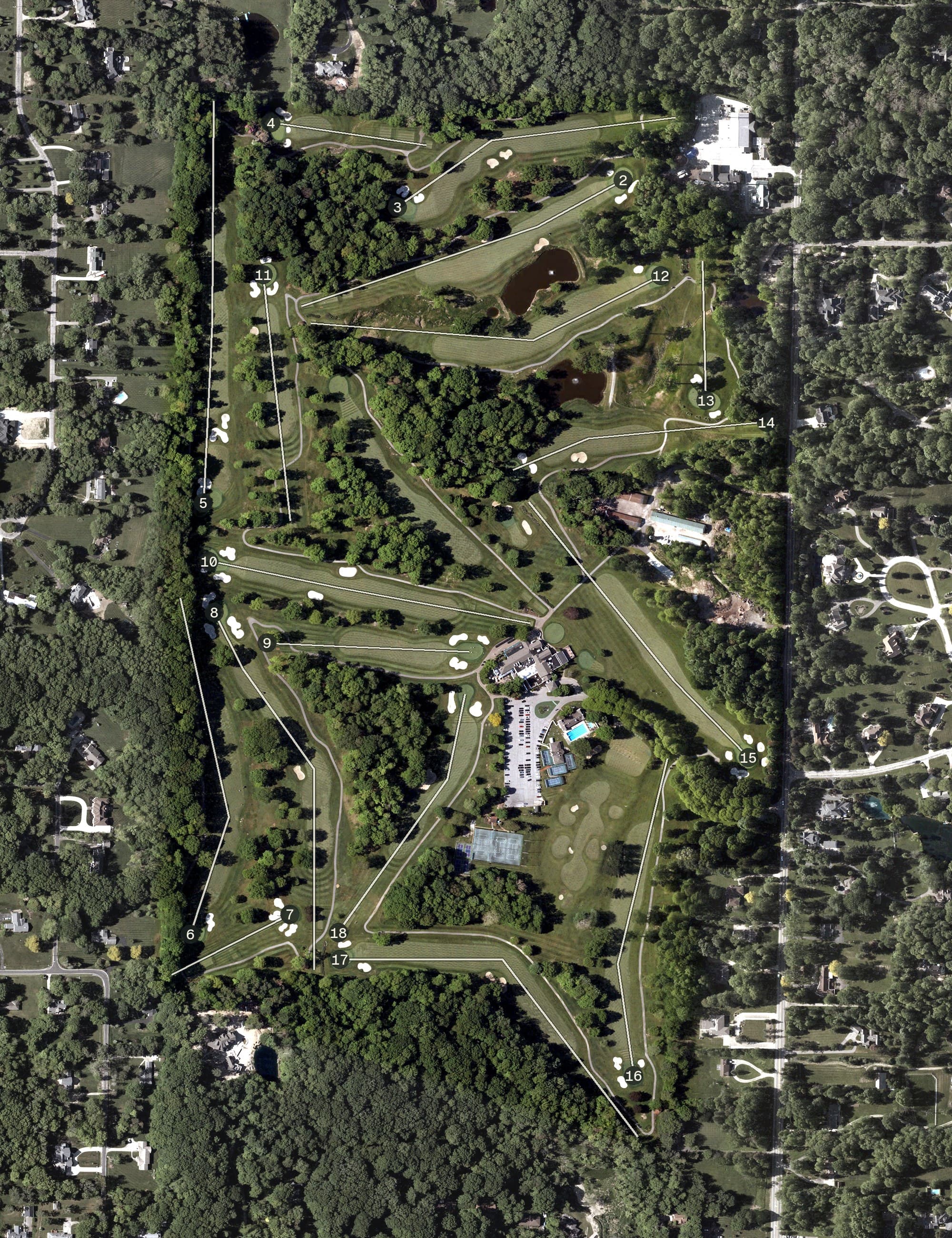 Aerial view of Chagrin Valley Country Club, OH, with its hole routing marked