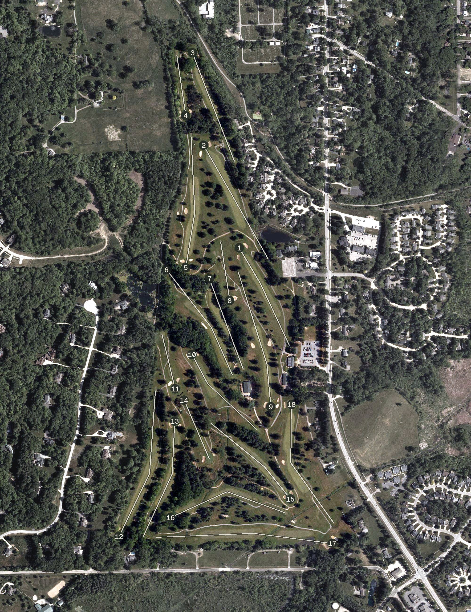 Aerial view of Chardon Lakes Golf Course, OH, with its hole routing marked