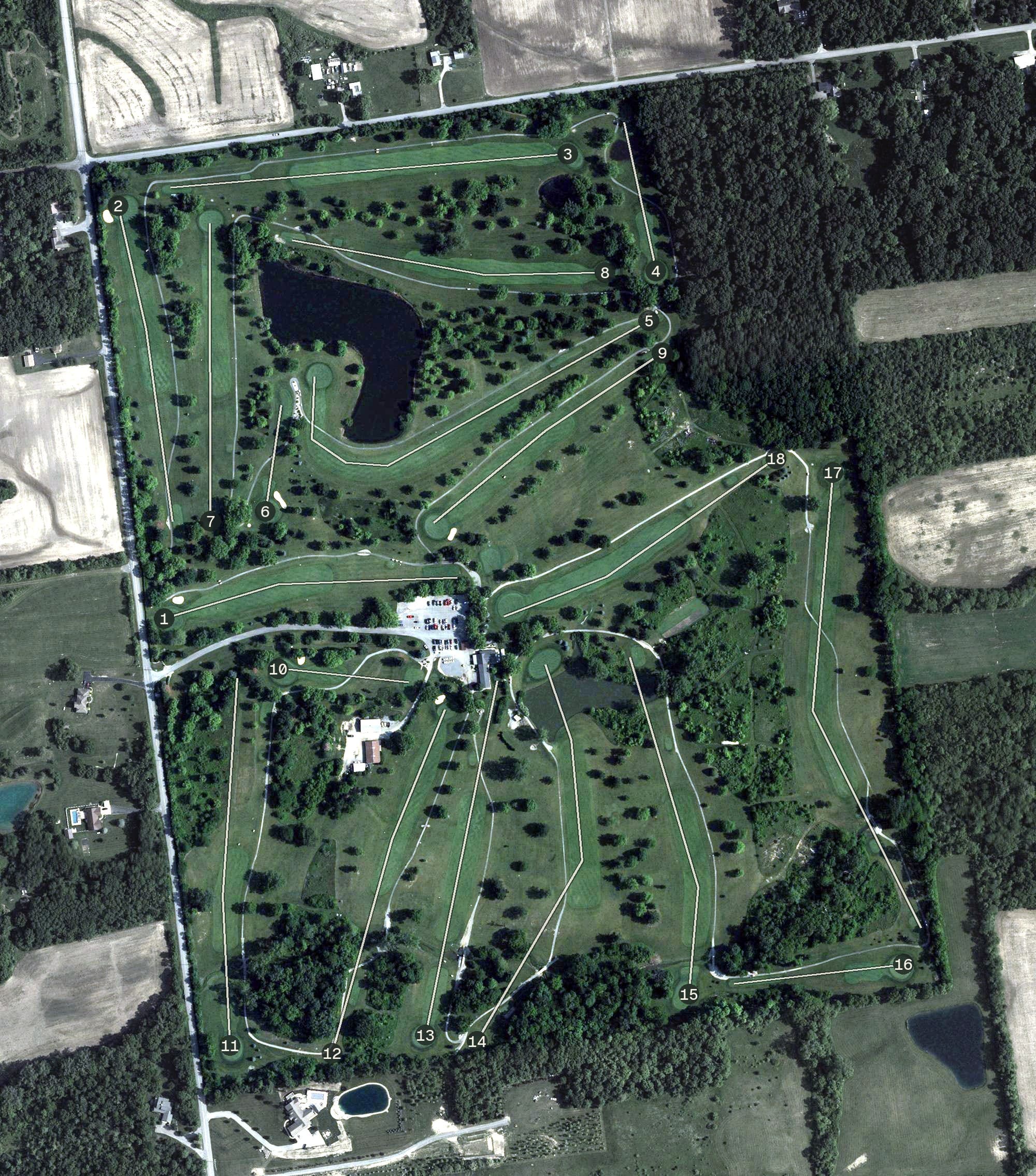 Aerial view of Cherokee Hills Golf Course, OH, with its hole routing marked
