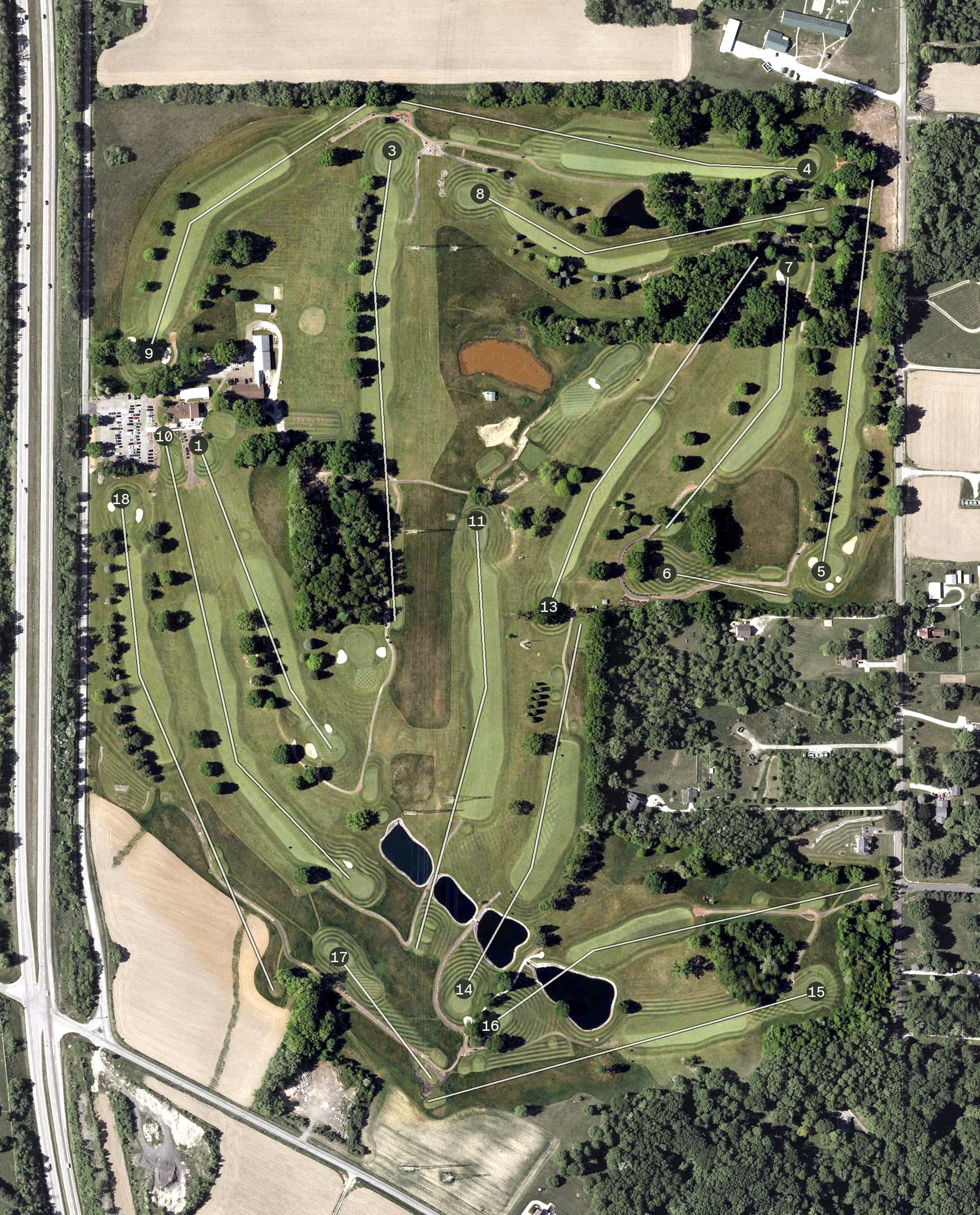 Aerial view of Chippewa Golf Club, OH, with its hole routing marked